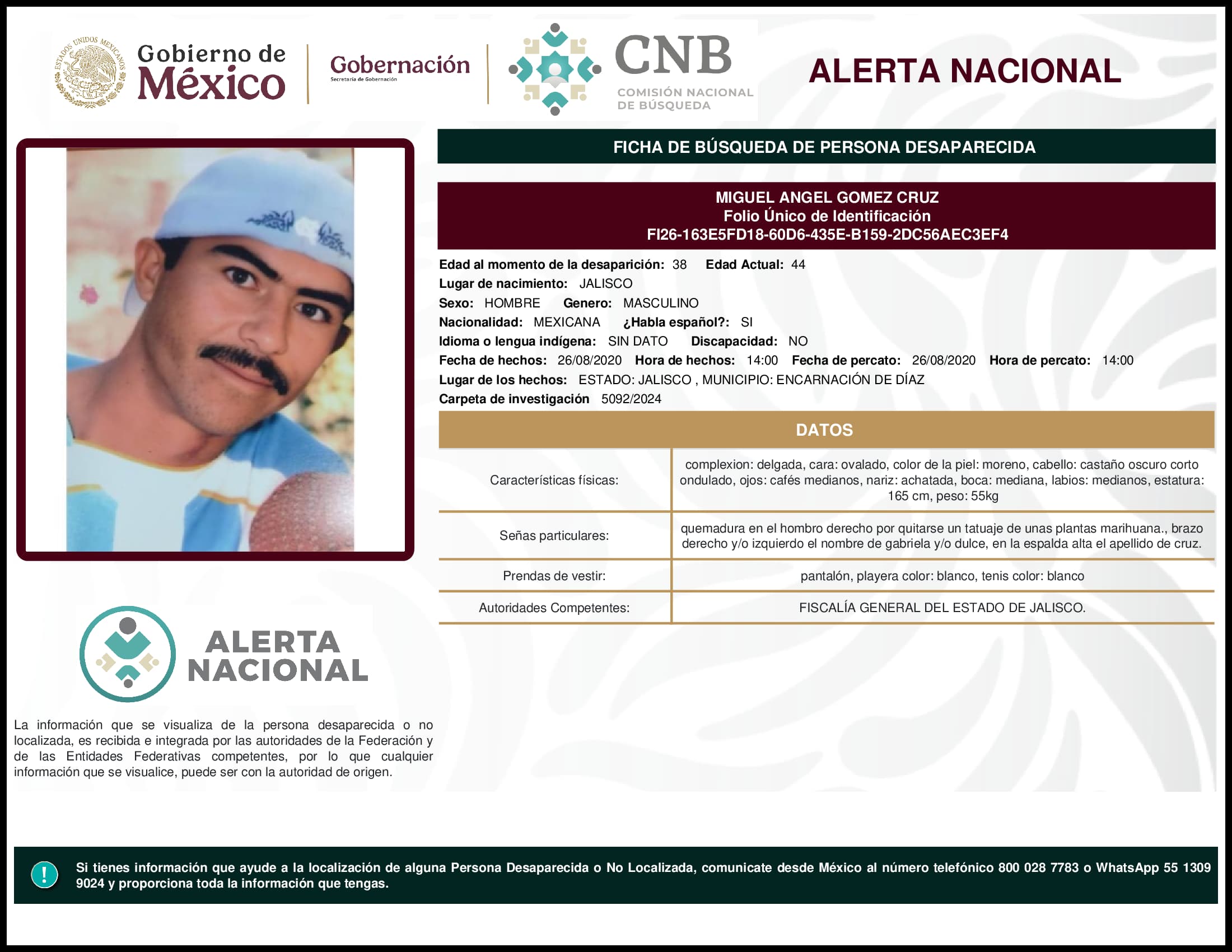 Persona desaparecida Miguel Angel Gomez Cruz