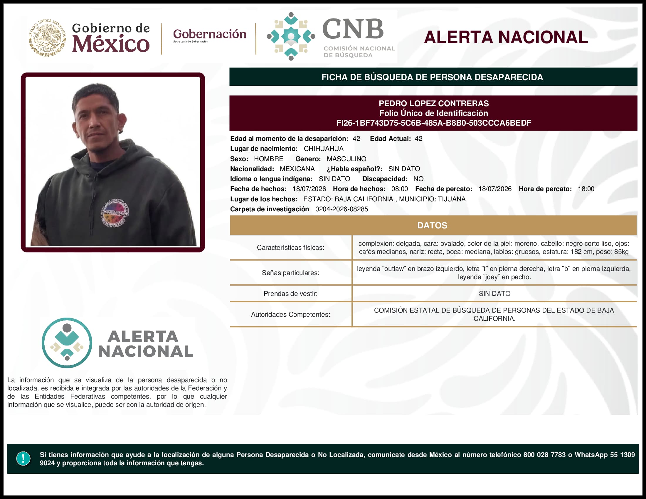 Persona desaparecida Pedro Lopez Contreras