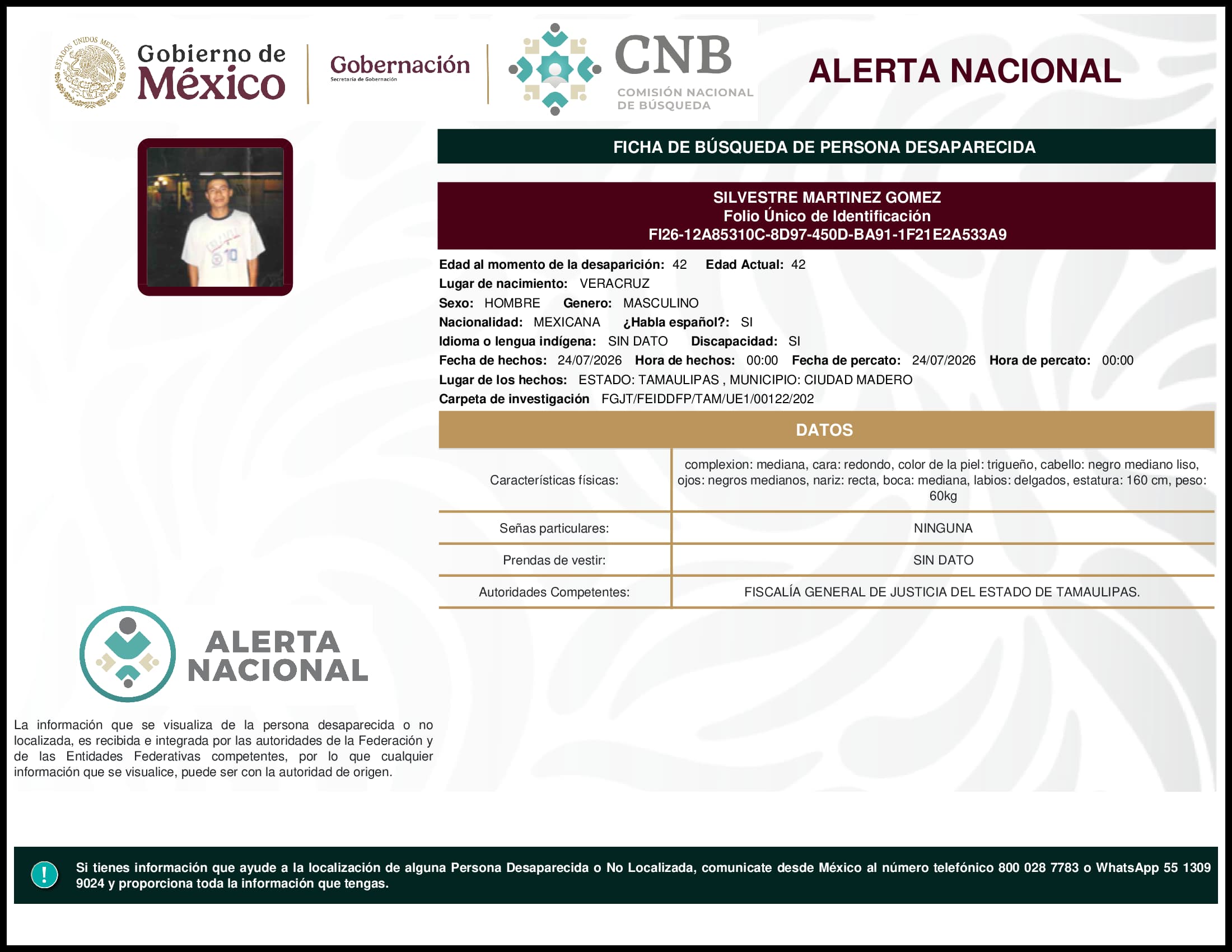Persona desaparecida Silvestre Martinez Gomez