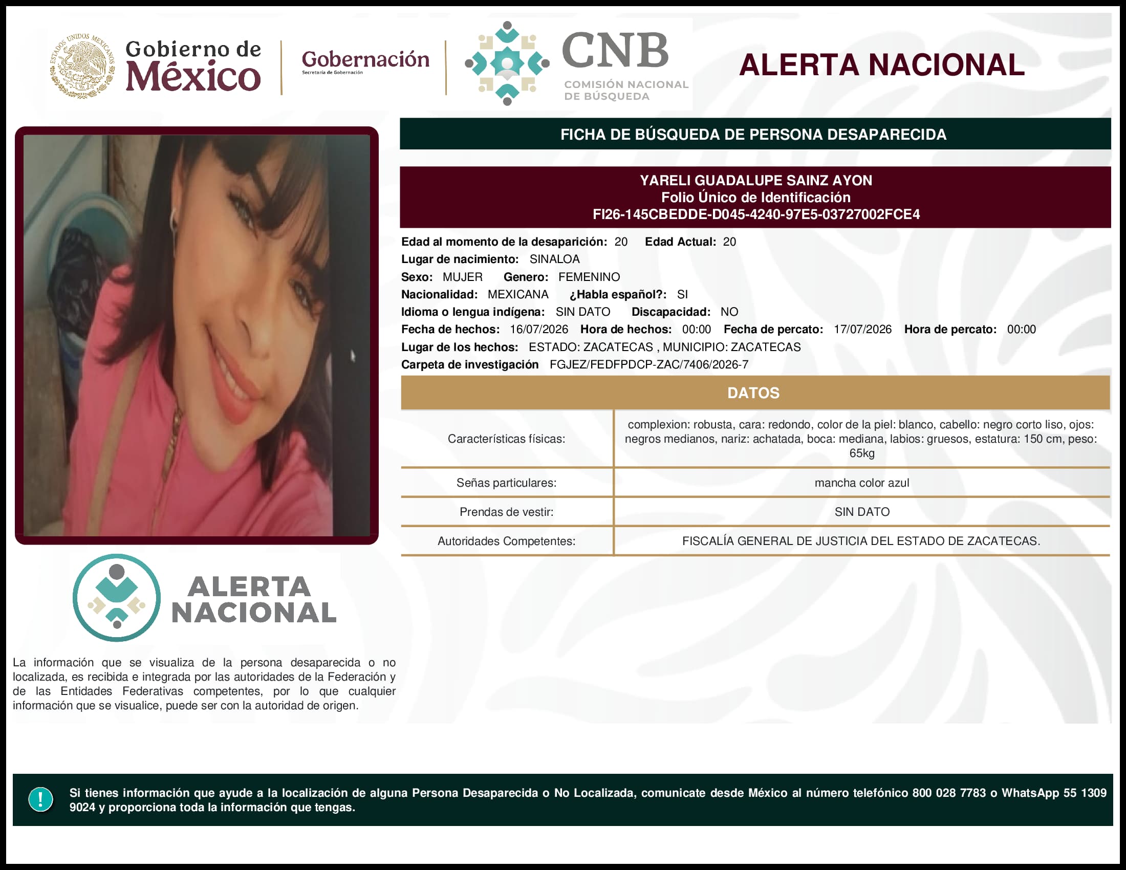 Persona desaparecida Yareli Guadalupe Sainz Ayon