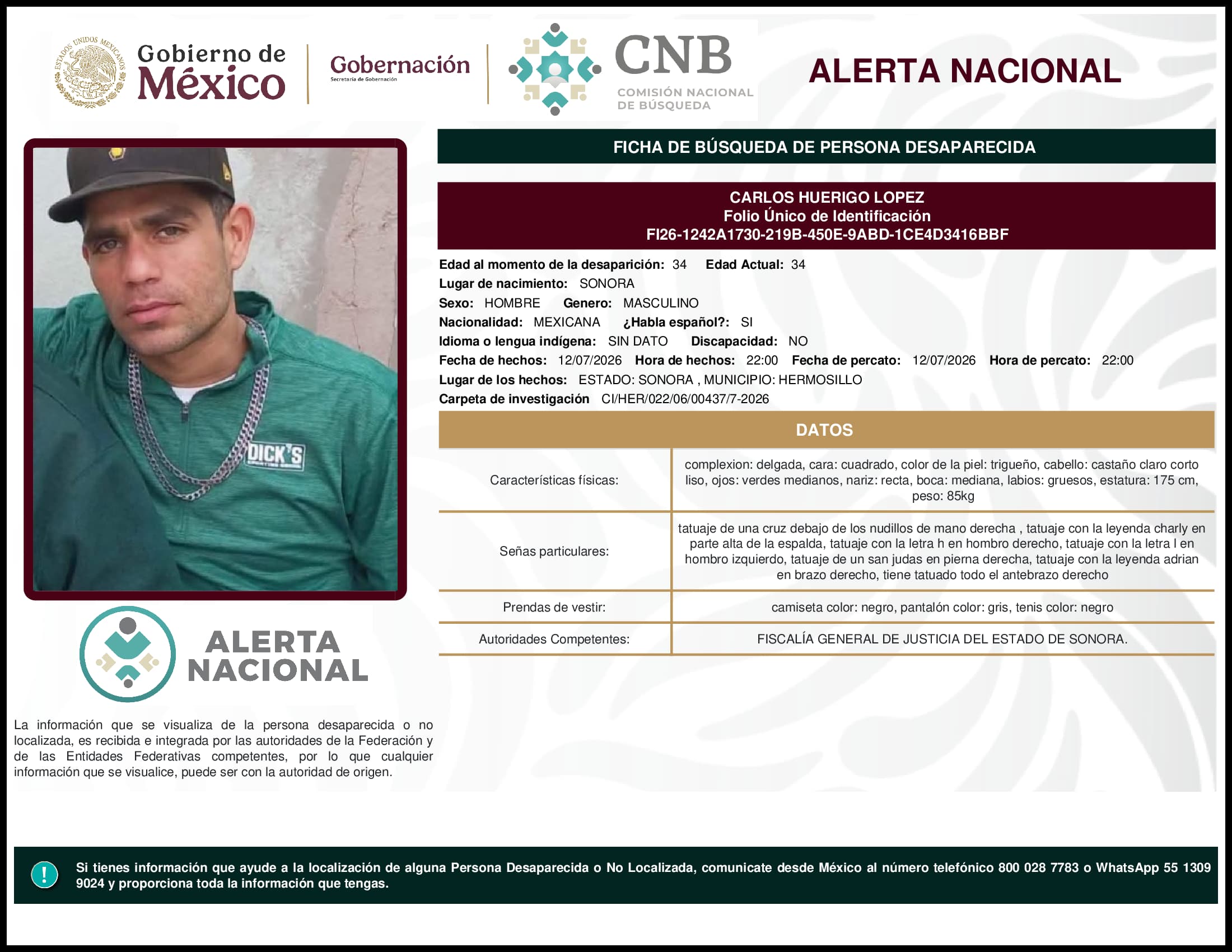 Persona desaparecida Carlos Huerigo Lopez