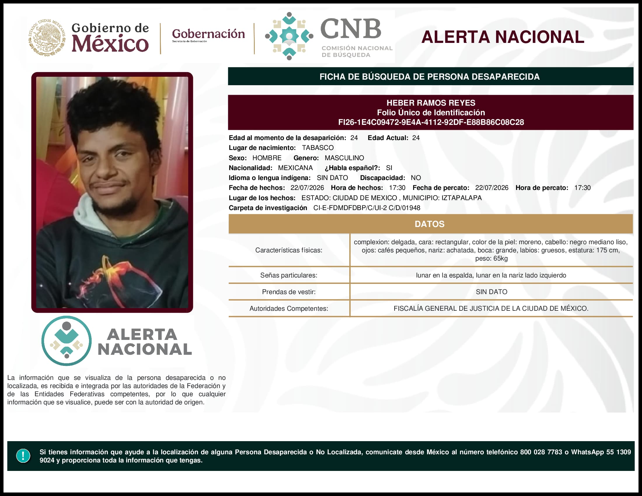 Persona desaparecida Heber Ramos Reyes