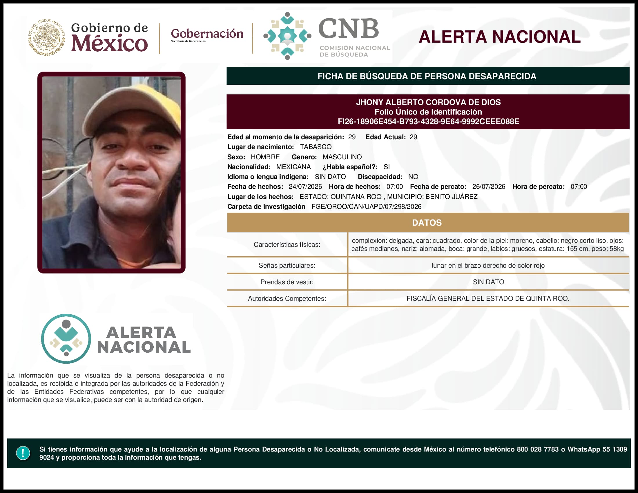 Persona desaparecida Jhony Alberto Cordova De Dios