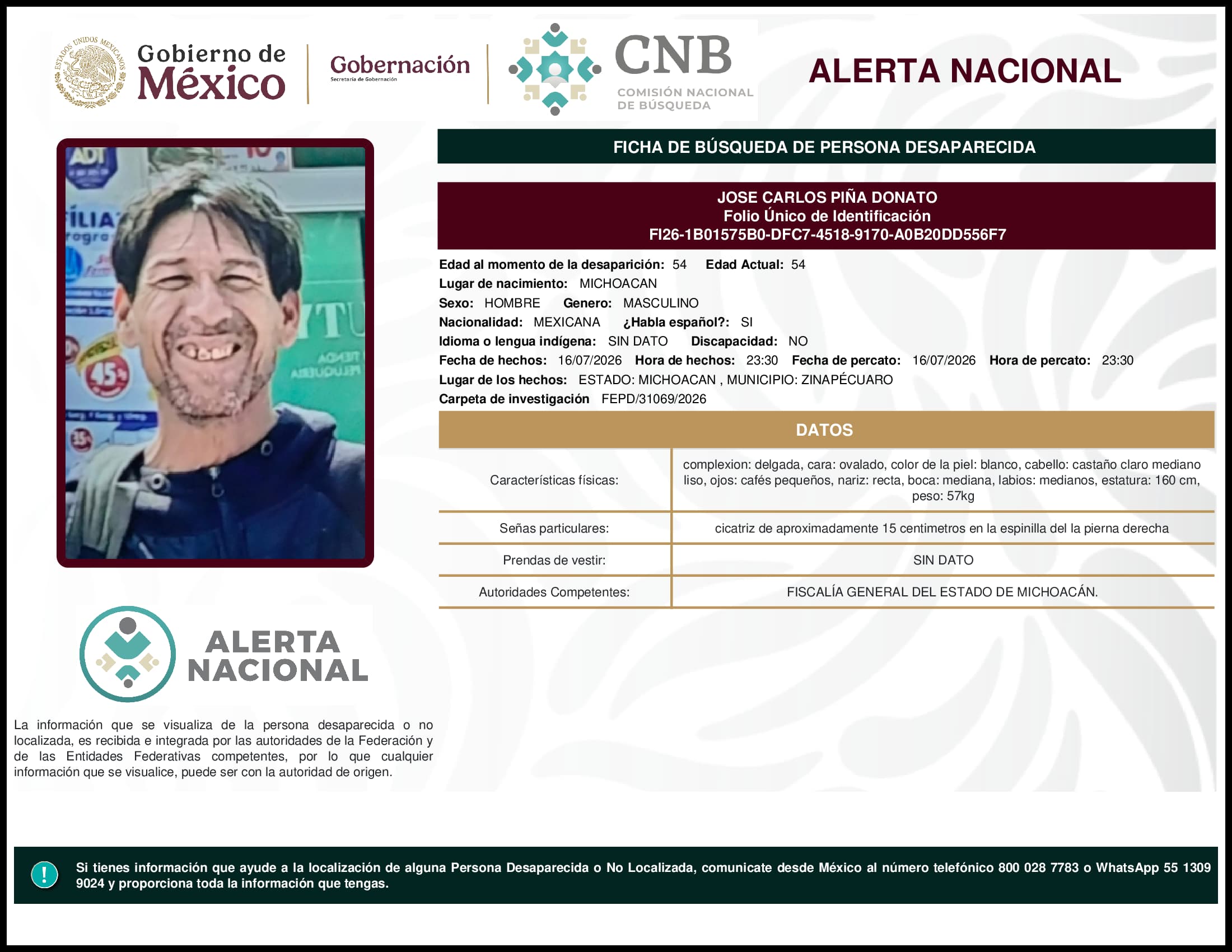 Persona desaparecida Jose Carlos Pina Donato