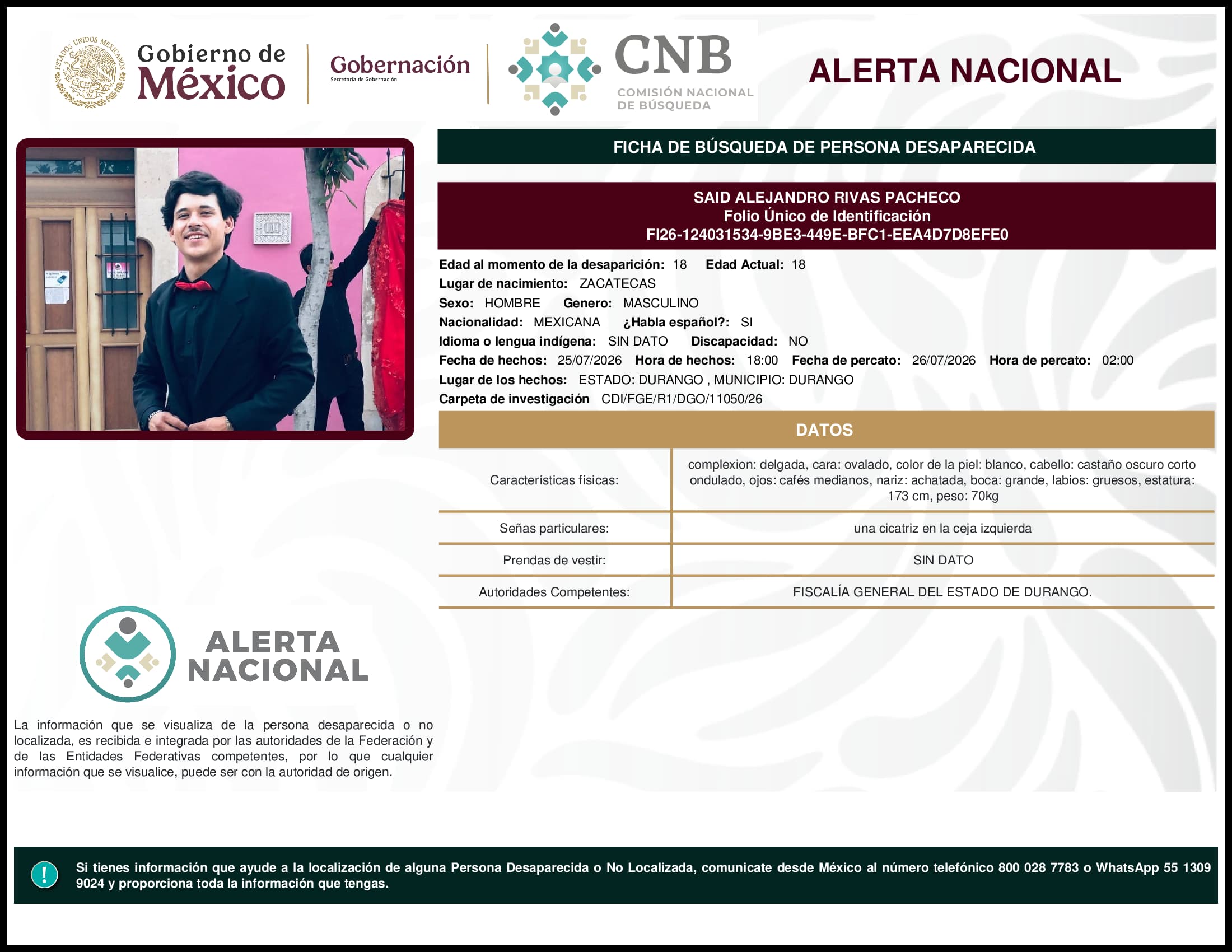Persona desaparecida Said Alejandro Rivas Pacheco