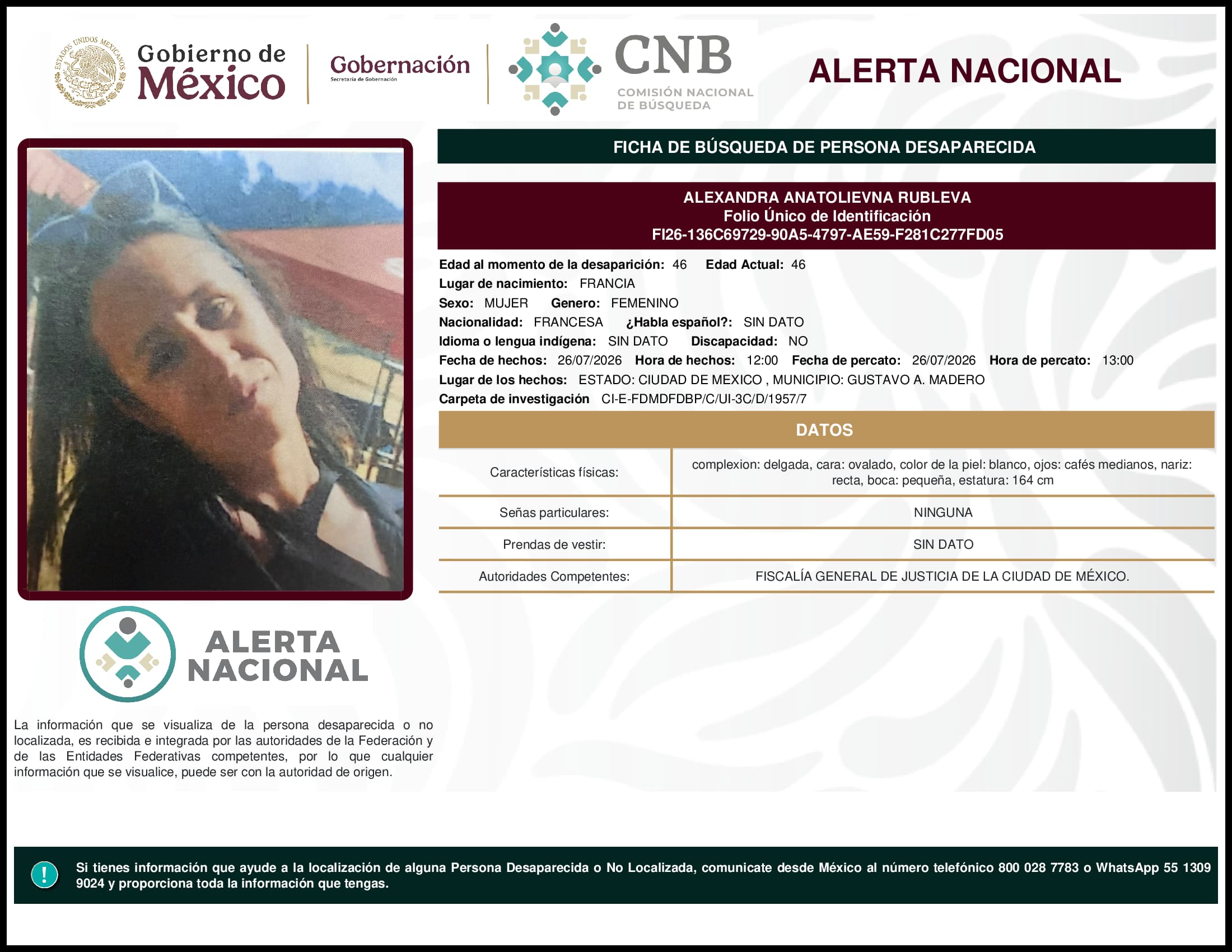 Persona desaparecida Alexandra Anatolievna Rubleva