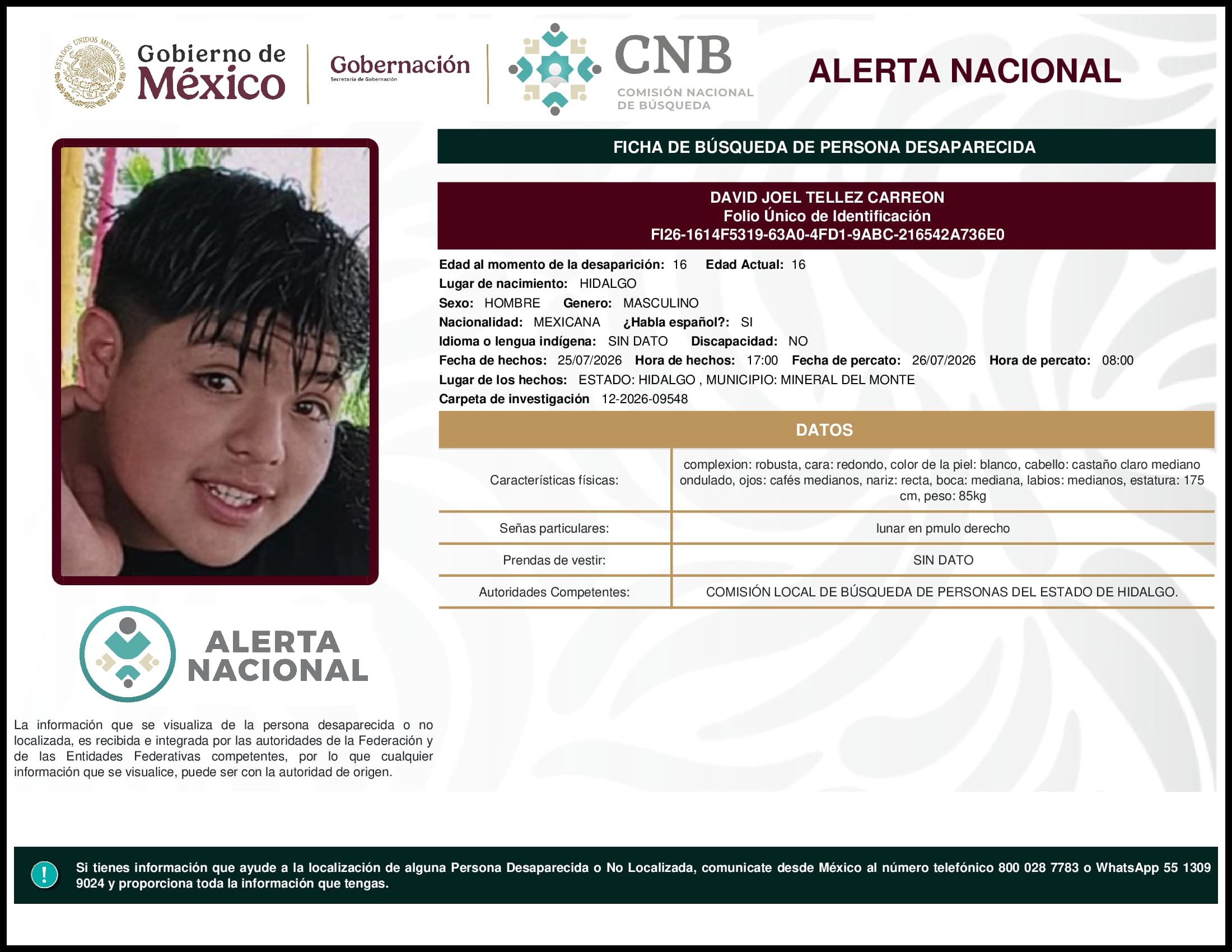 Persona desaparecida David Joel Tellez Carreon