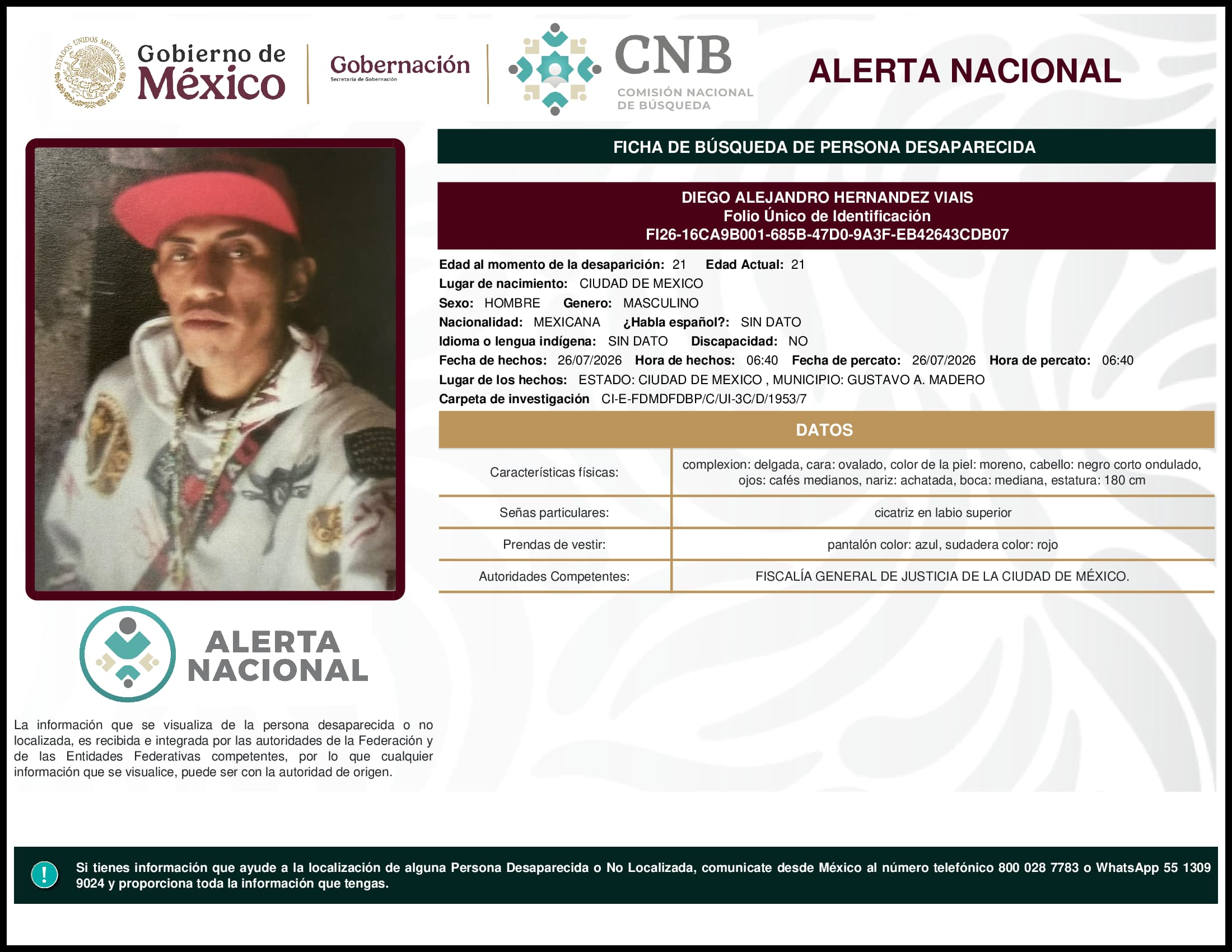 Persona desaparecida Diego Alejandro Hernandez Viais