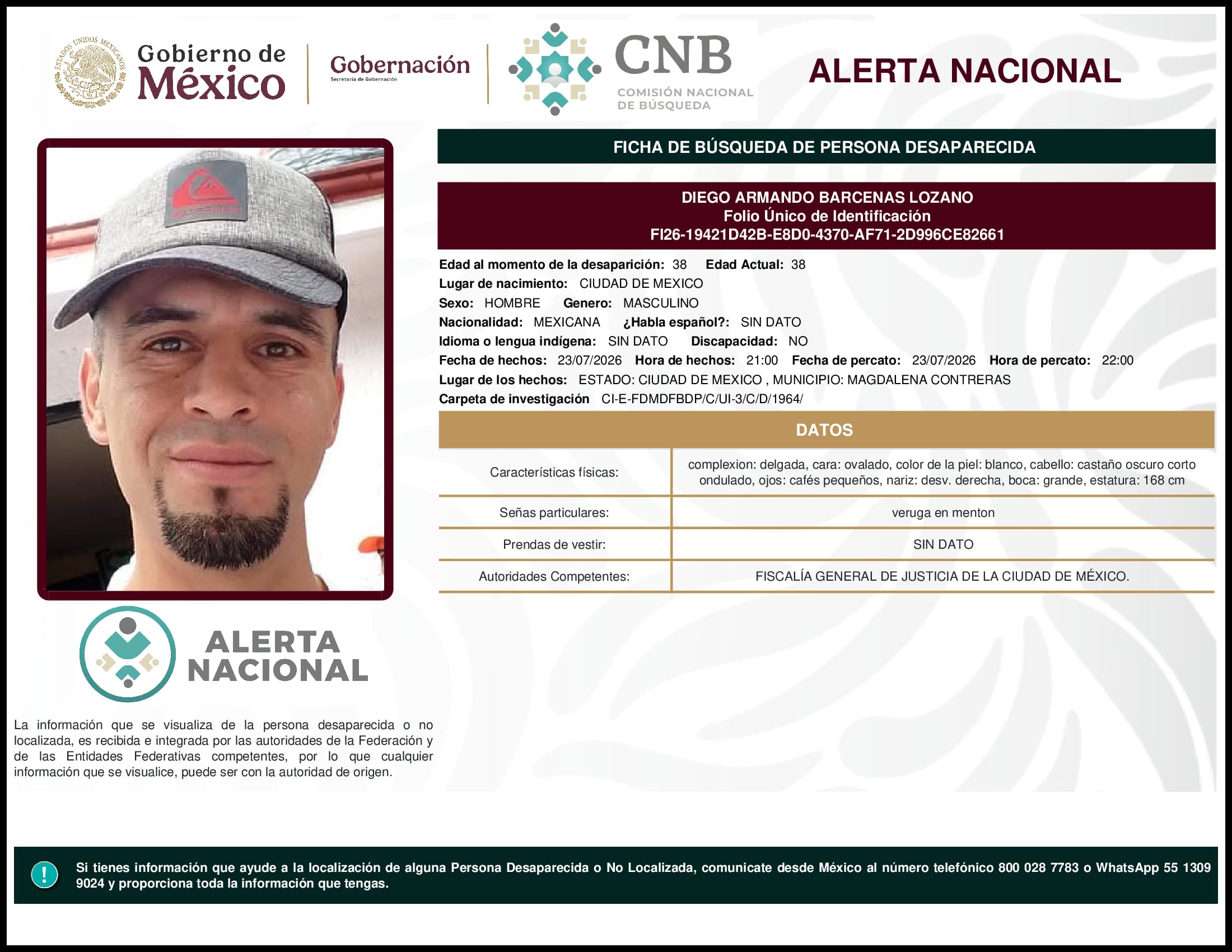 Persona desaparecida Diego Armando Barcenas Lozano