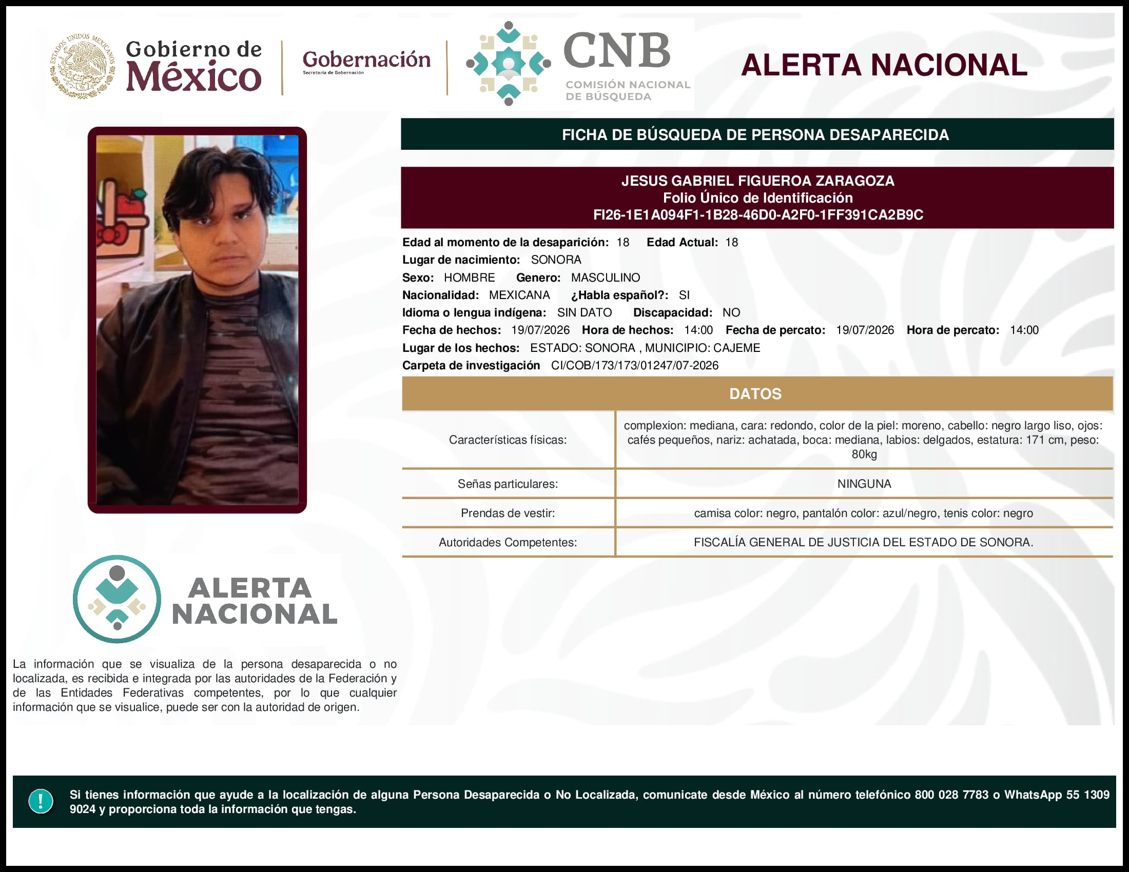 Persona desaparecida Jesus Gabriel Figueroa Zaragoza