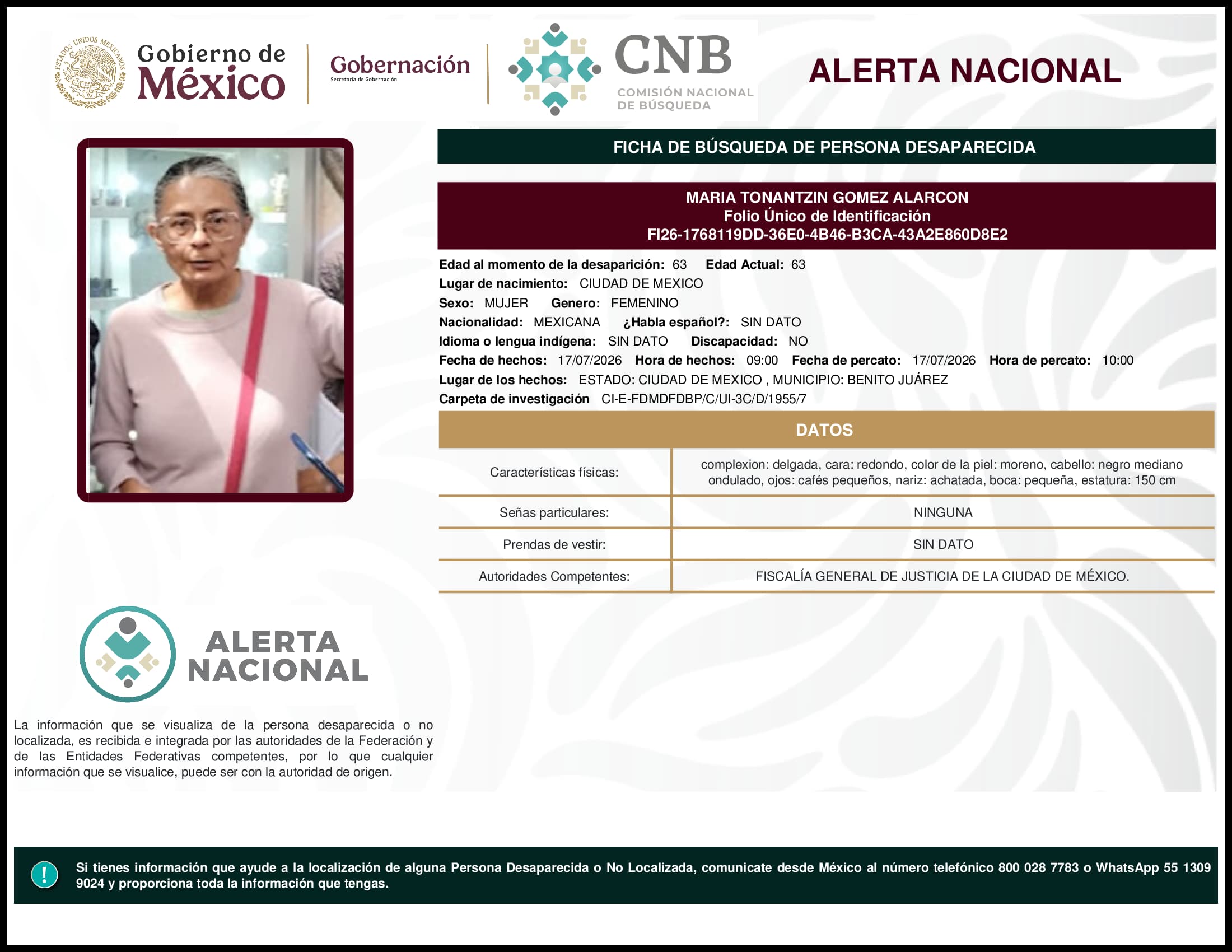 Persona desaparecida Maria Tonantzin Gomez Alarcon