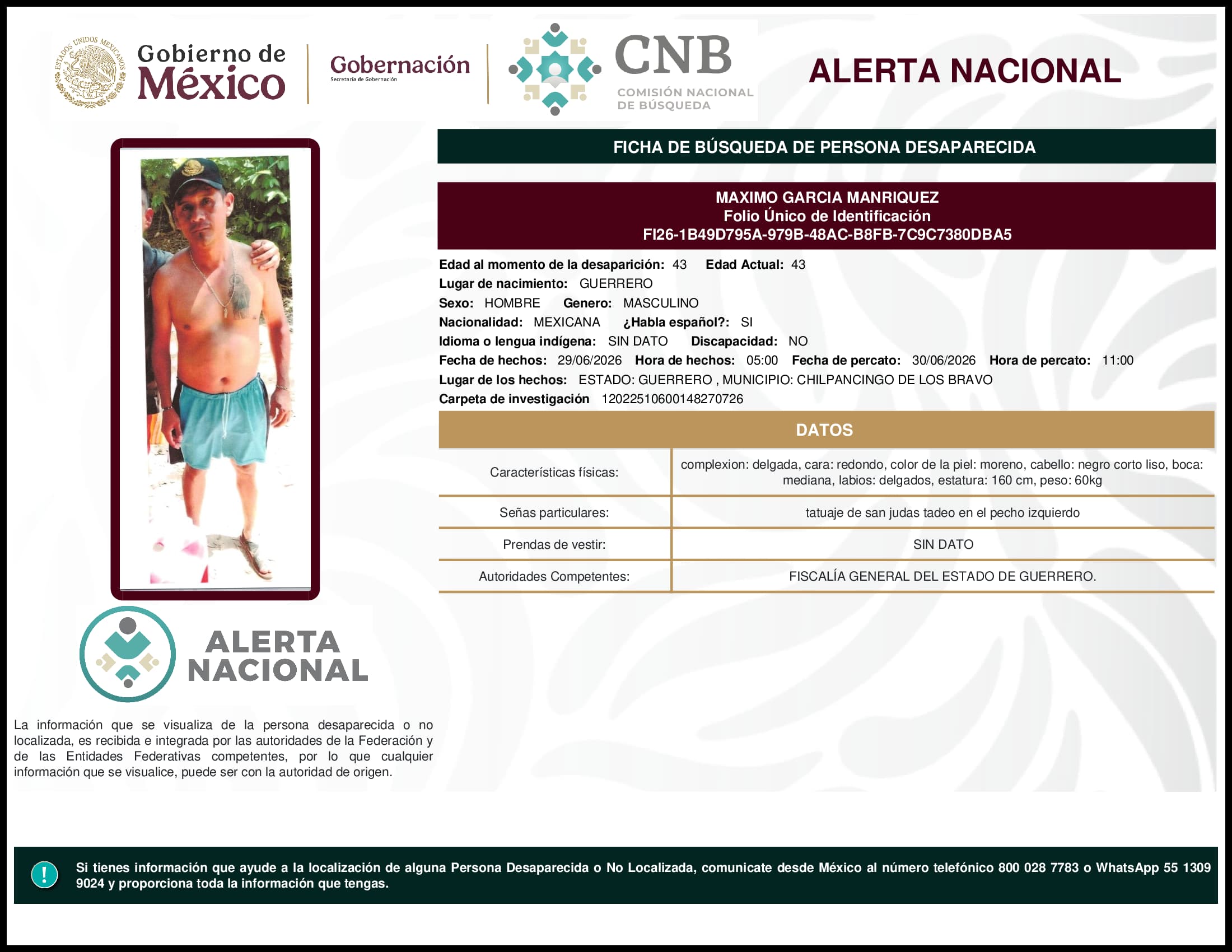 Persona desaparecida Maximo Garcia Manriquez