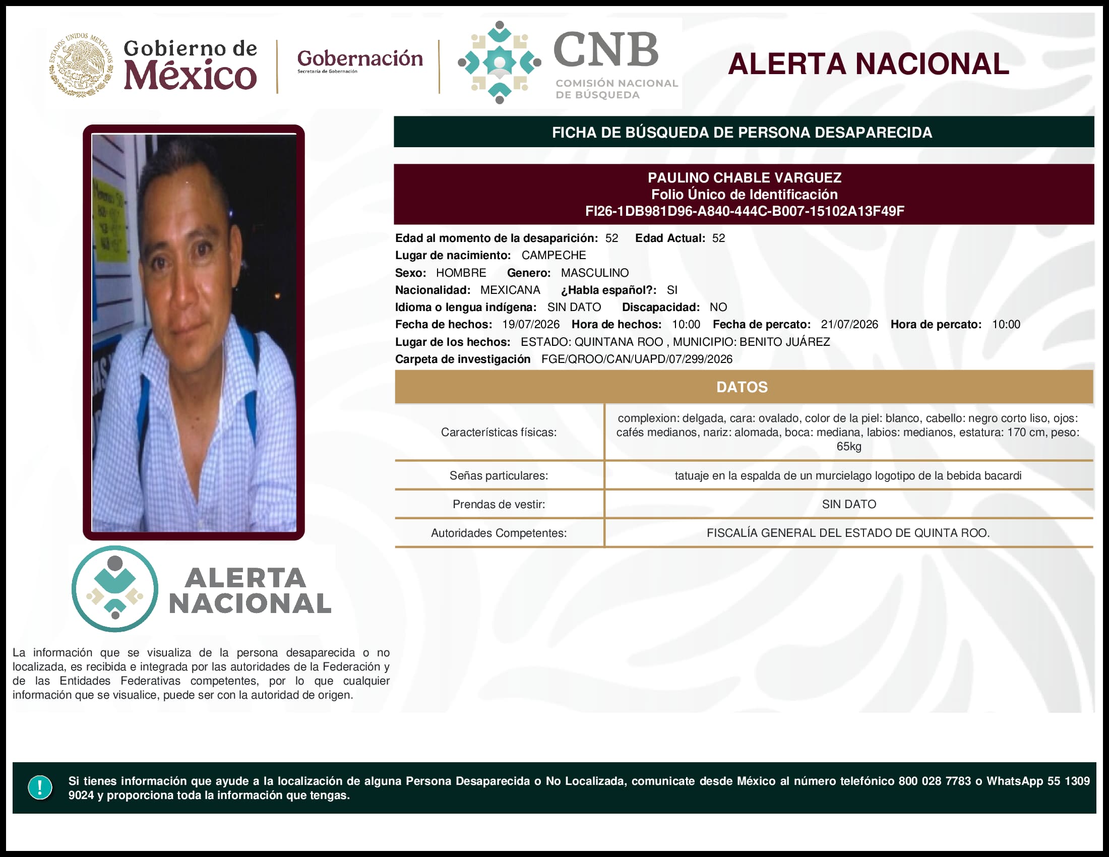 Persona desaparecida Paulino Chable Varguez