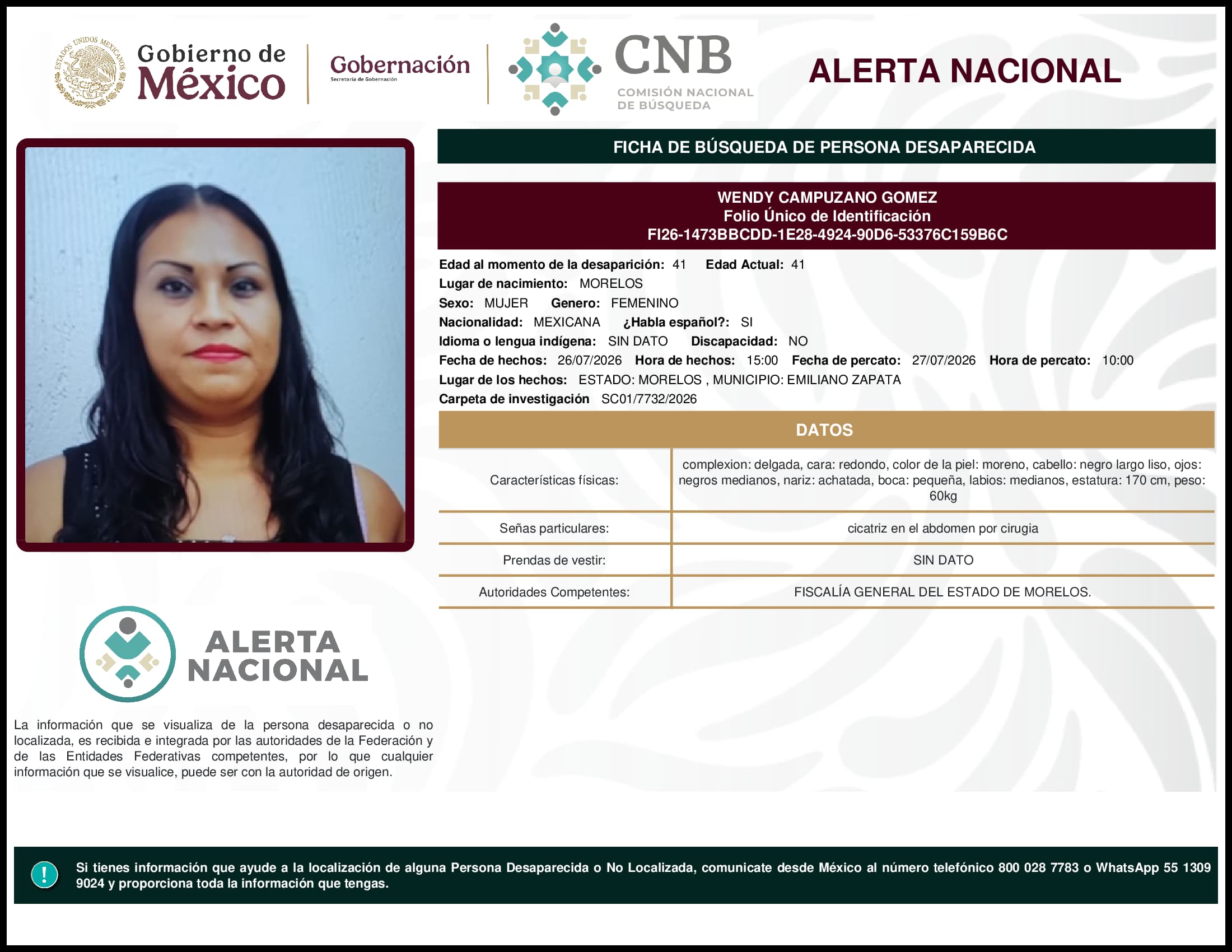 Persona desaparecida Wendy Campuzano Gomez