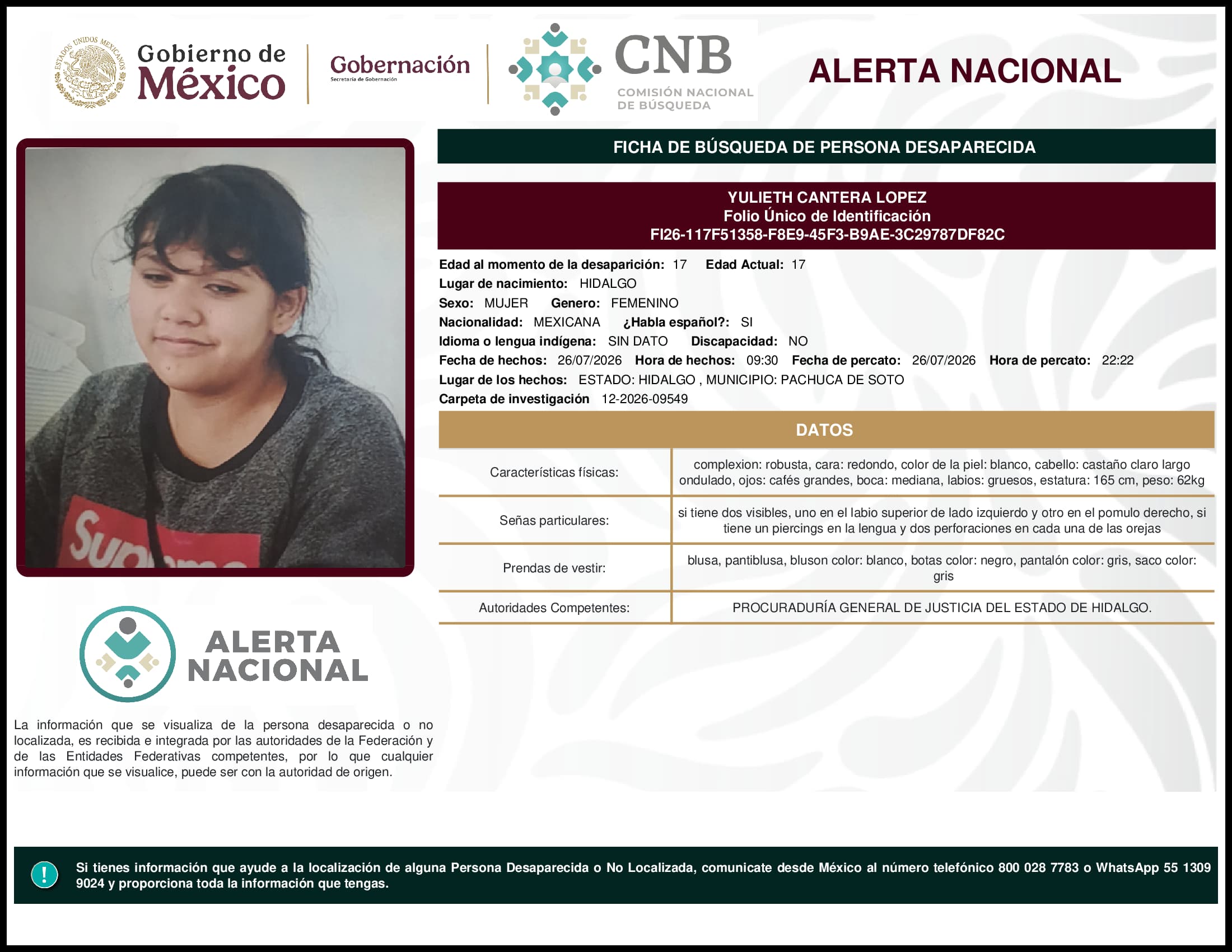 Persona desaparecida Yulieth Cantera Lopez