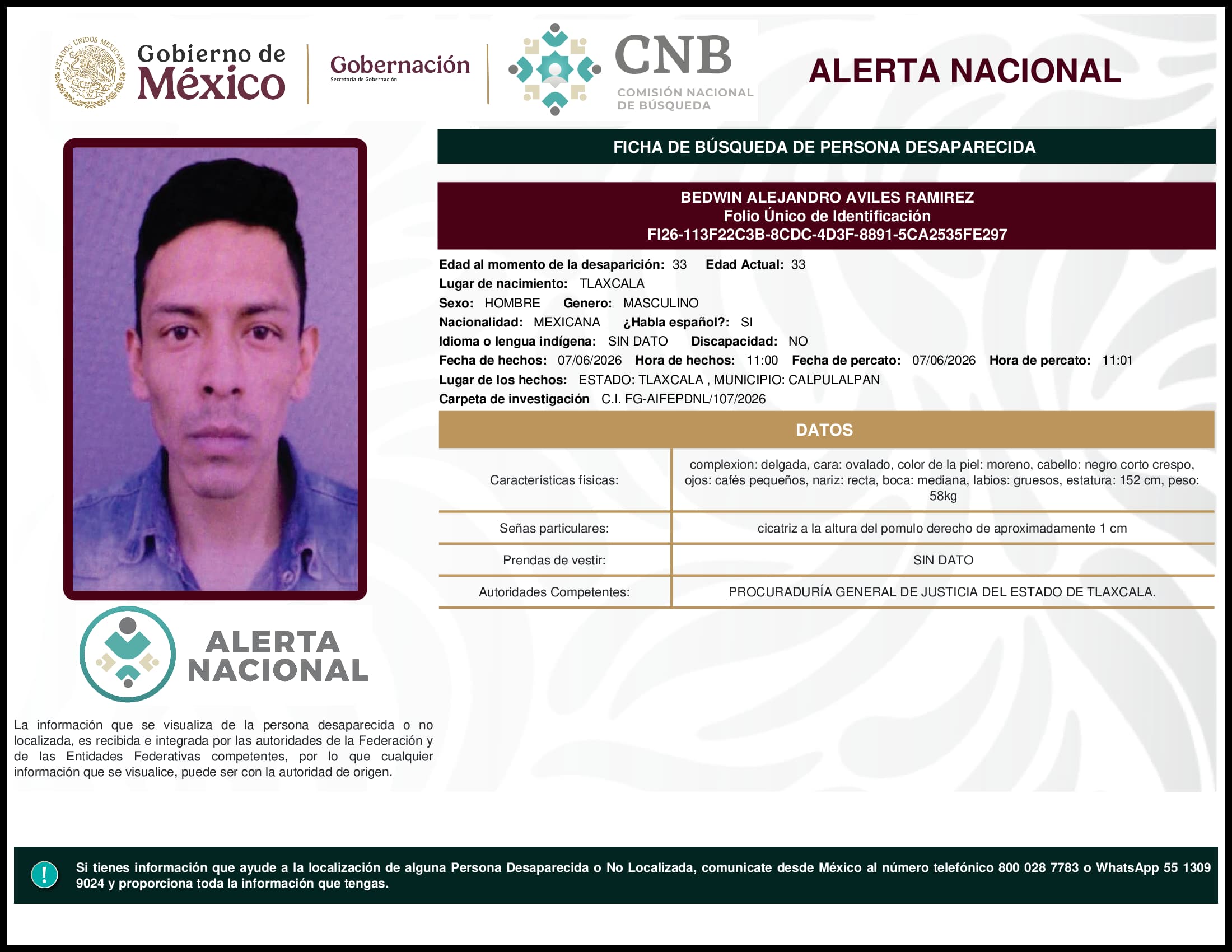 Persona desaparecida Bedwin Alejandro Aviles Ramirez