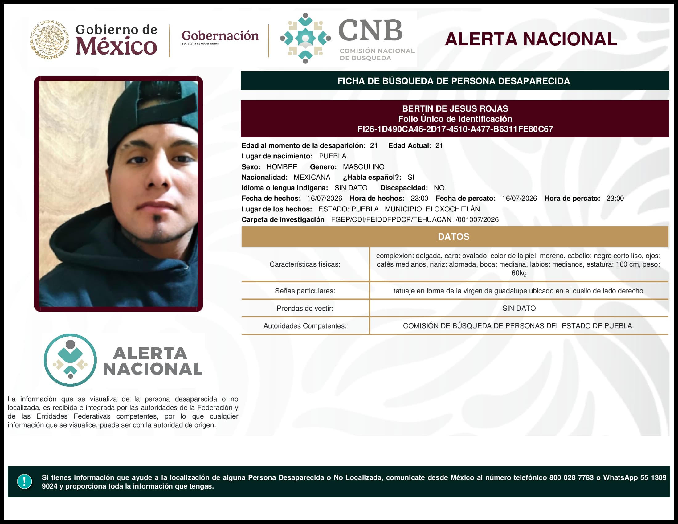 Persona desaparecida Bertin De Jesus Rojas