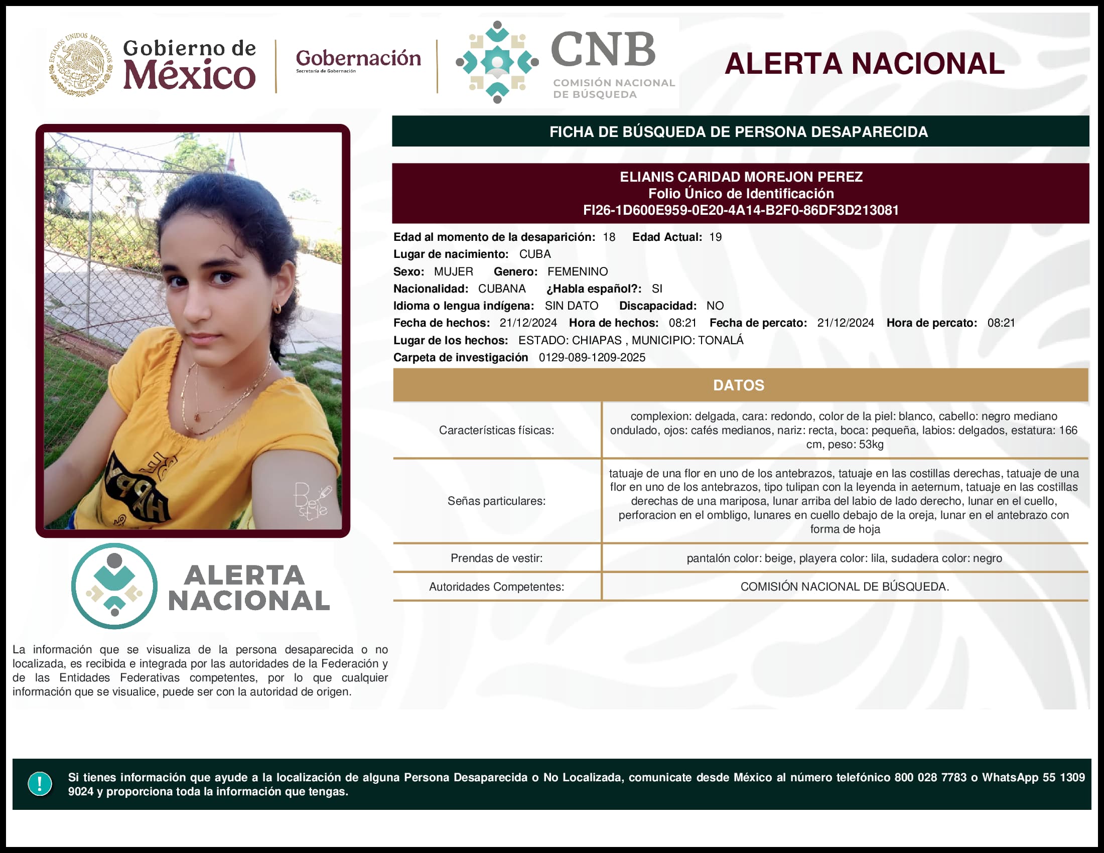 Persona desaparecida Elianis Caridad Morejon Perez