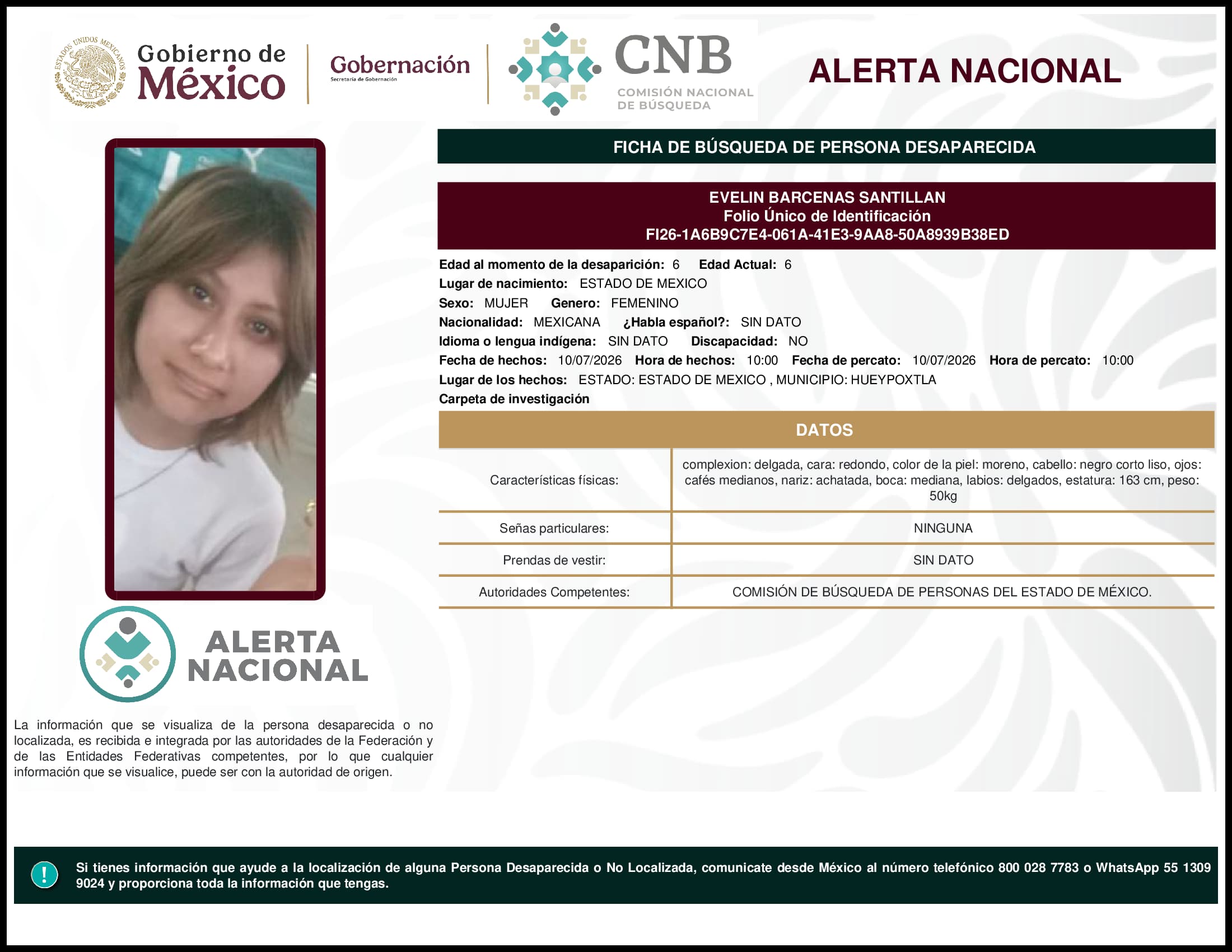 Persona desaparecida Evelin Barcenas Santillan