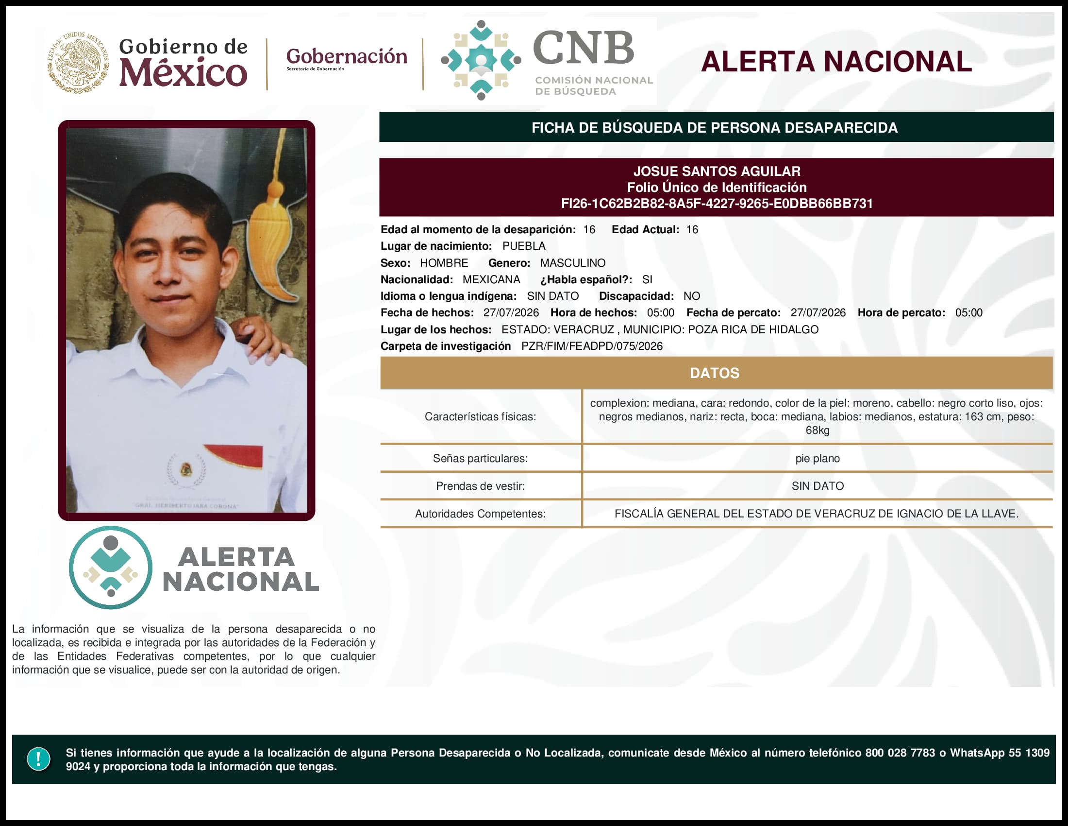 Persona desaparecida Josue Santos Aguilar