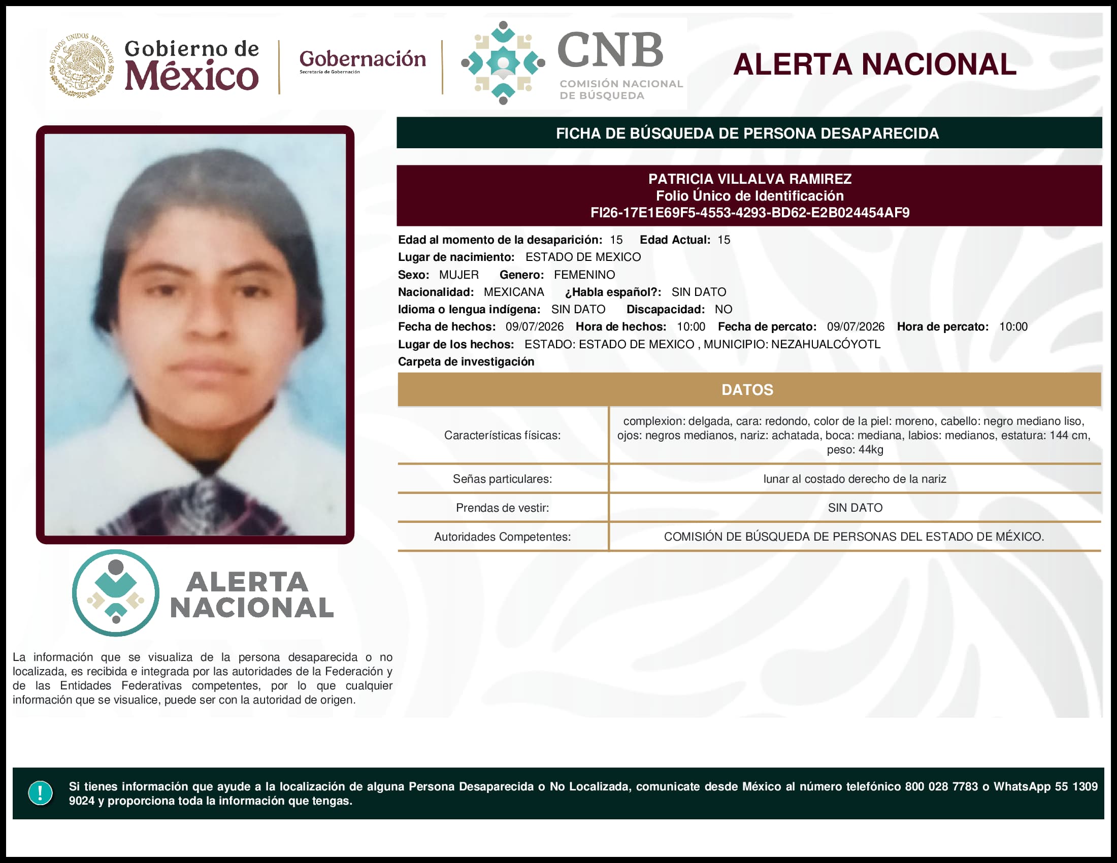 Persona desaparecida Patricia Villalva Ramirez