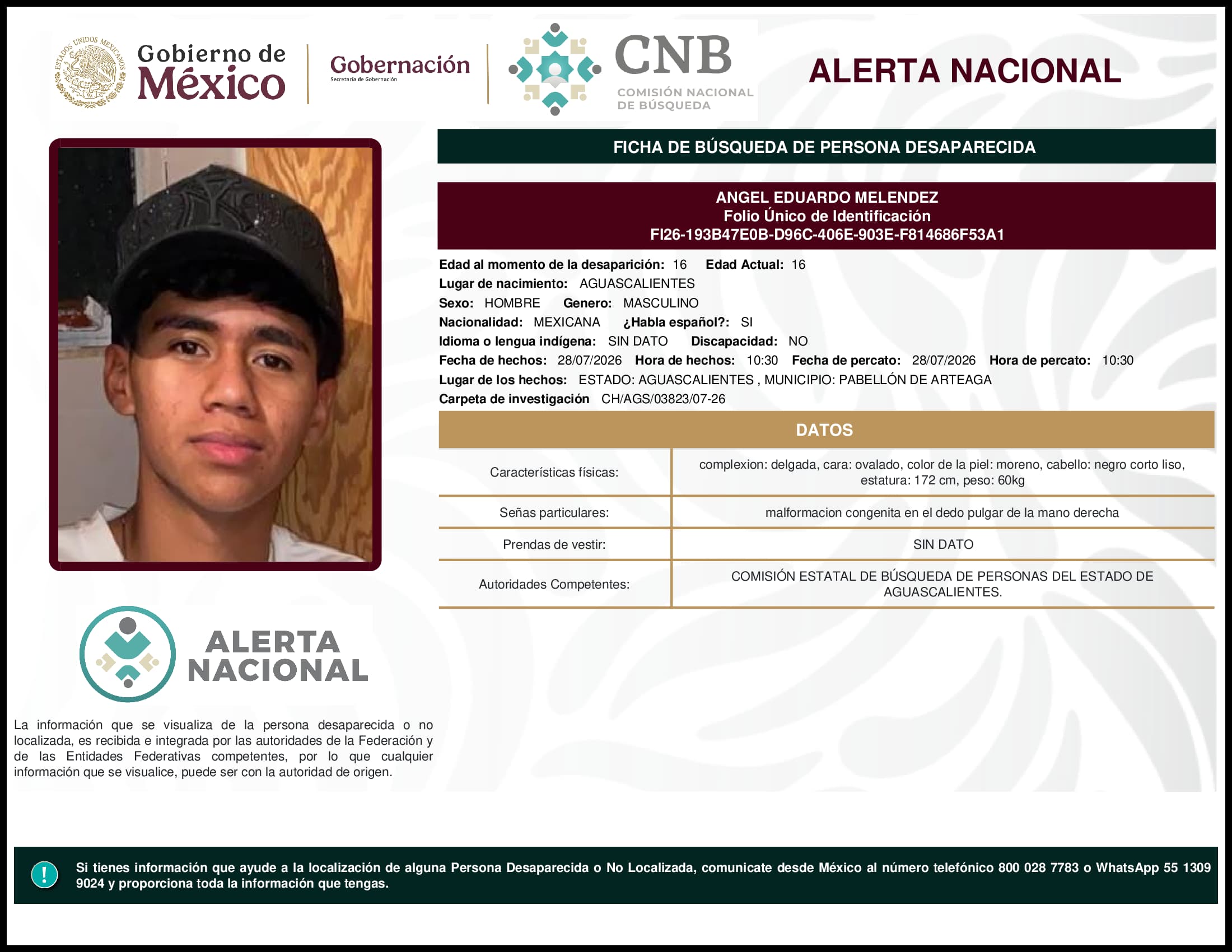 Persona desaparecida Angel Eduardo Melendez
