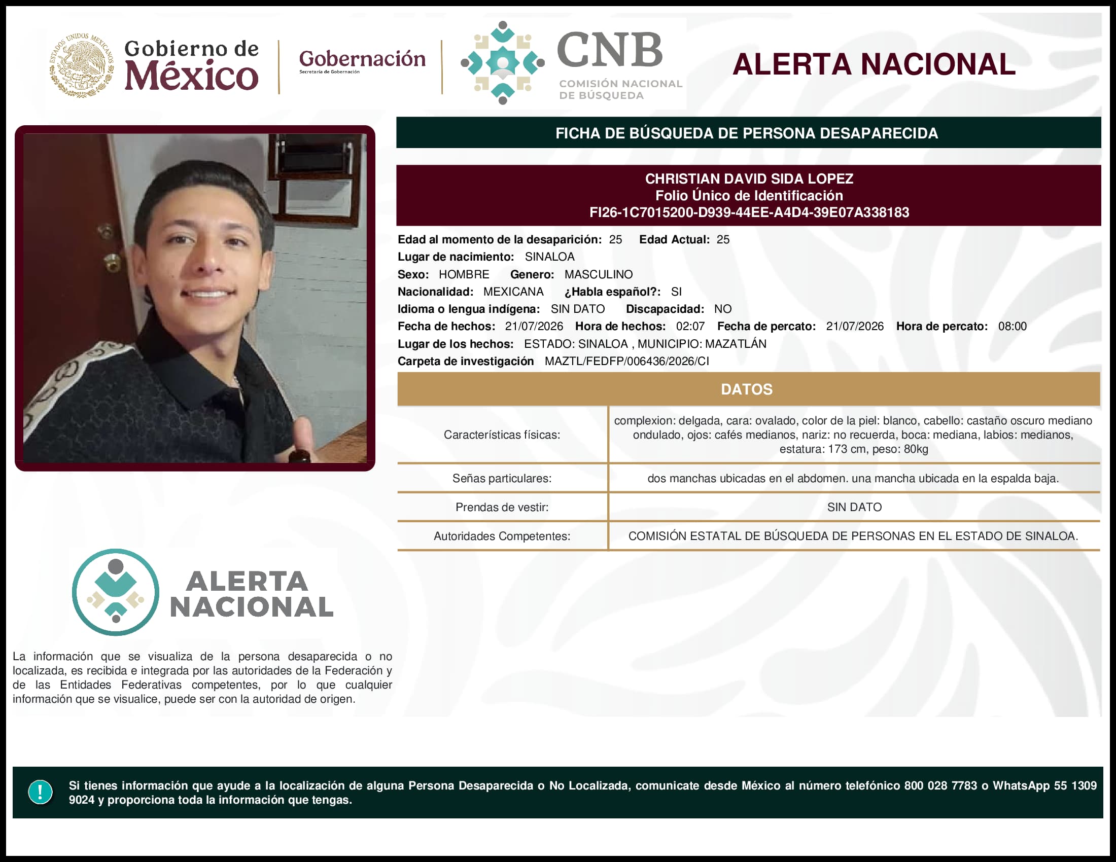 Persona desaparecida Christian David Sida Lopez