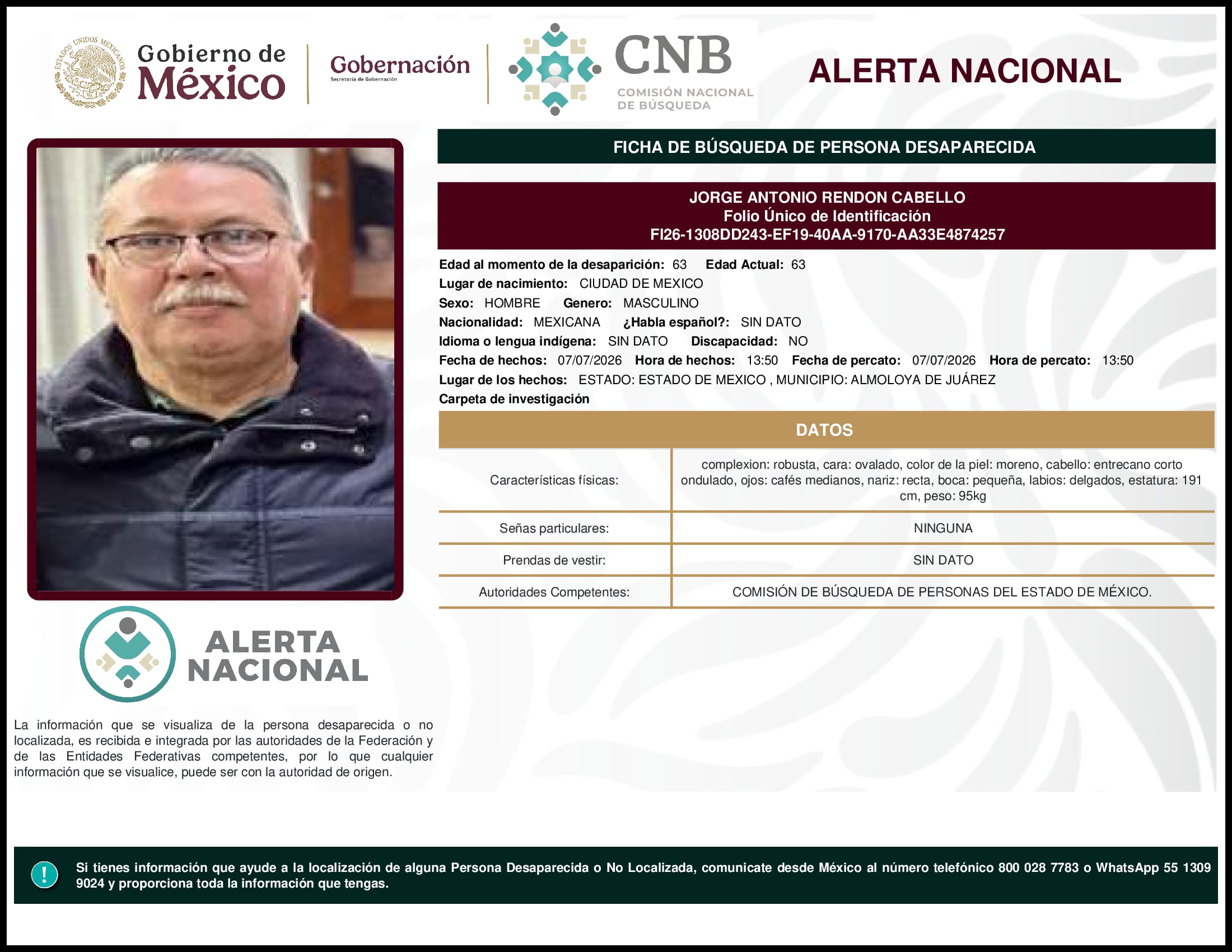Persona desaparecida Jorge Antonio Rendon Cabello