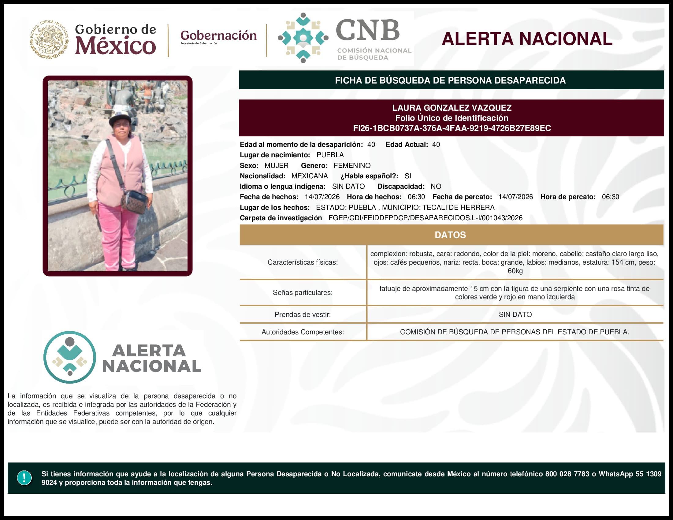 Persona desaparecida Laura Gonzalez Vazquez