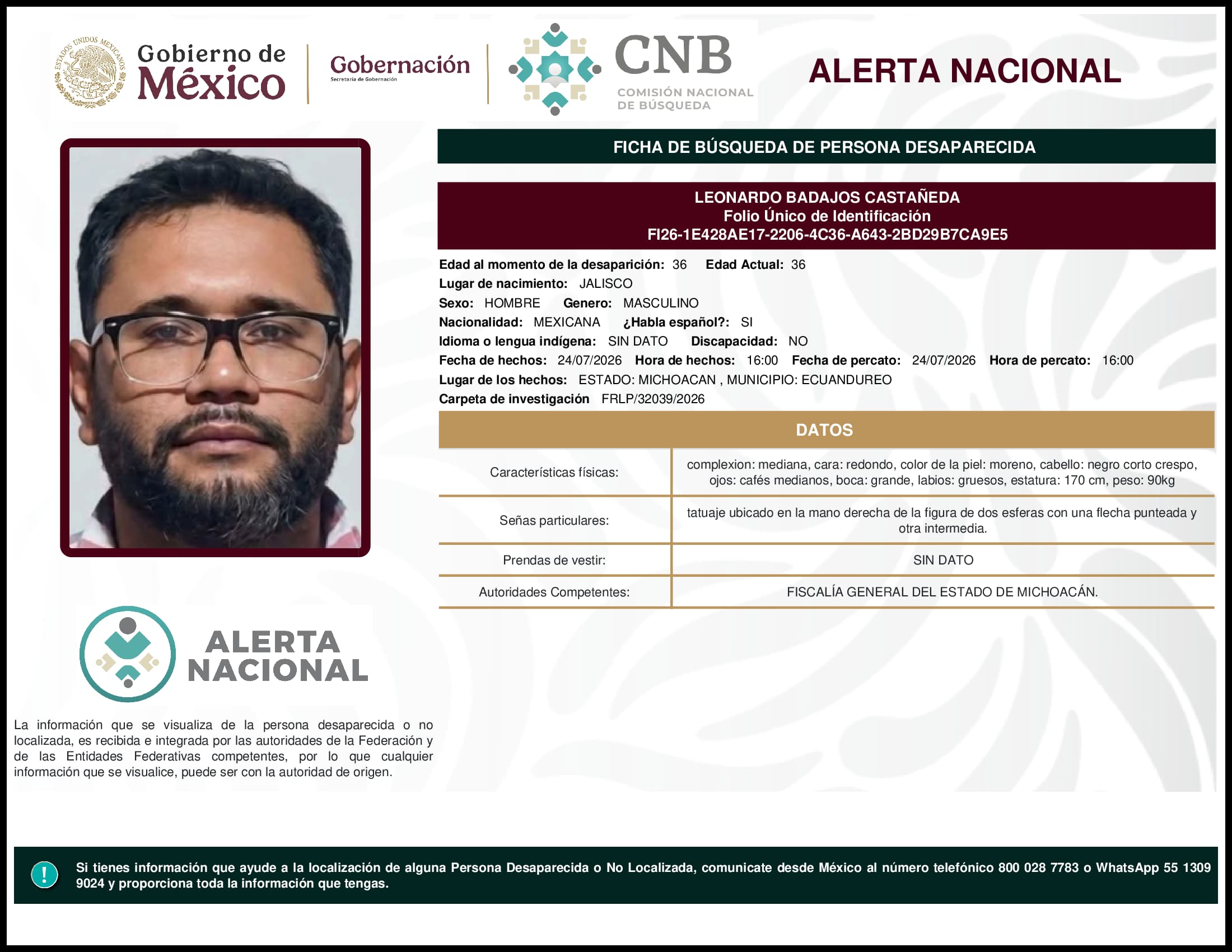 Persona desaparecida Leonardo Badajos Castaneda