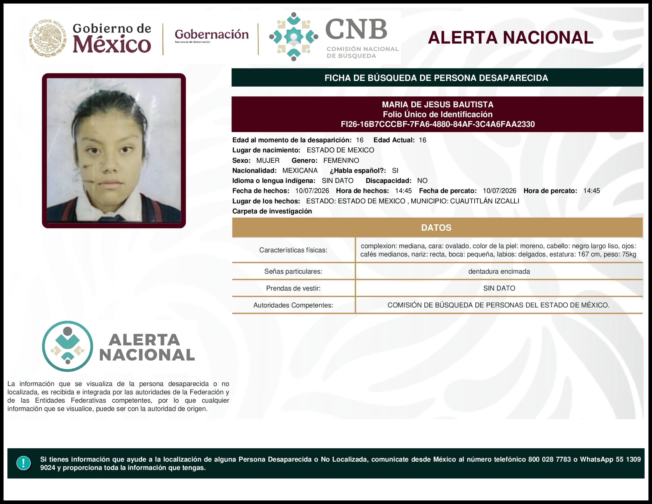 Persona desaparecida Maria De Jesus Bautista