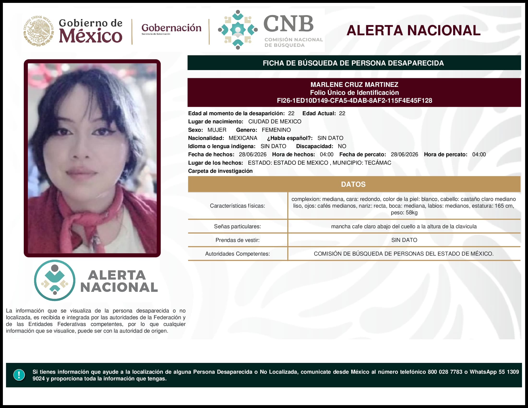 Persona desaparecida Marlene Cruz Martinez