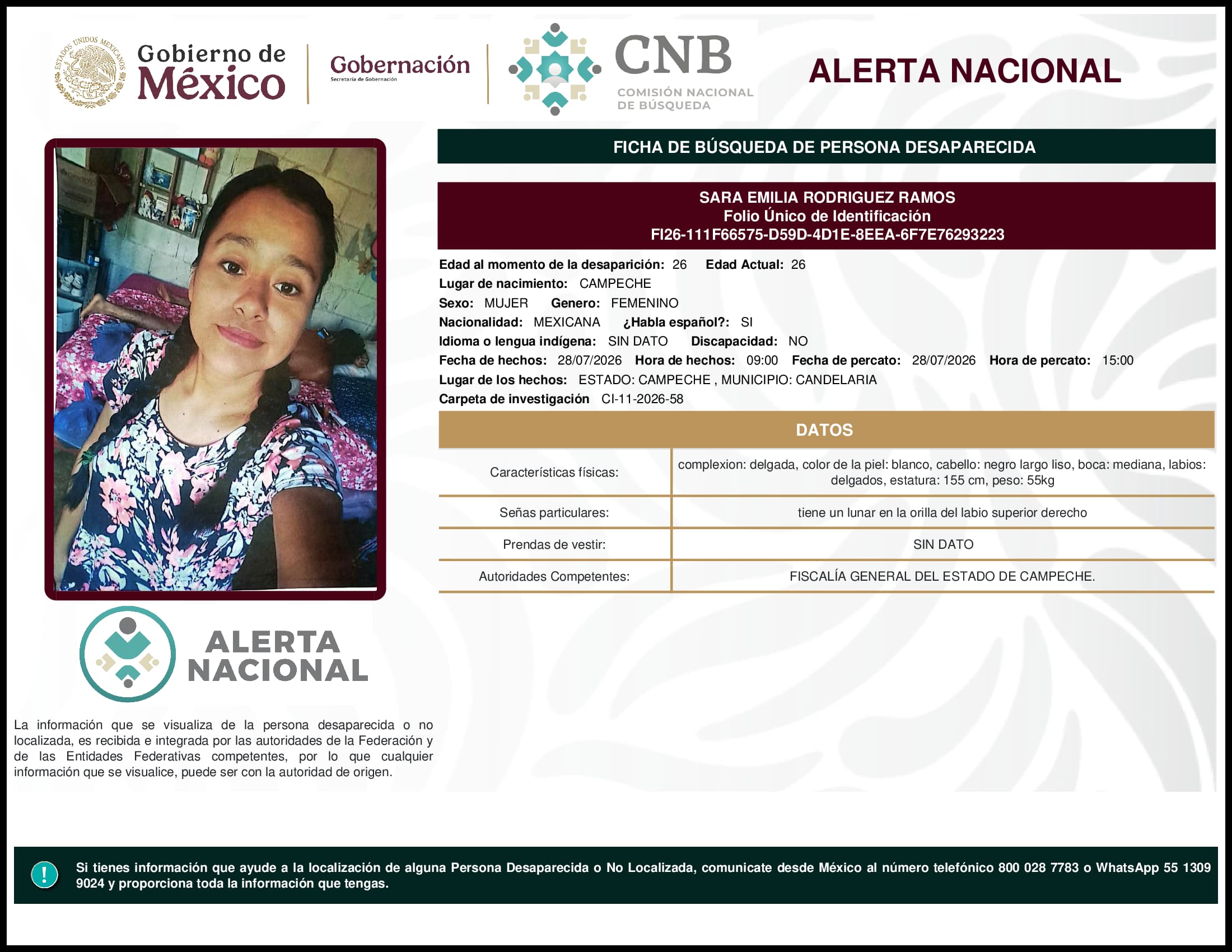 Persona desaparecida Sara Emilia Rodriguez Ramos