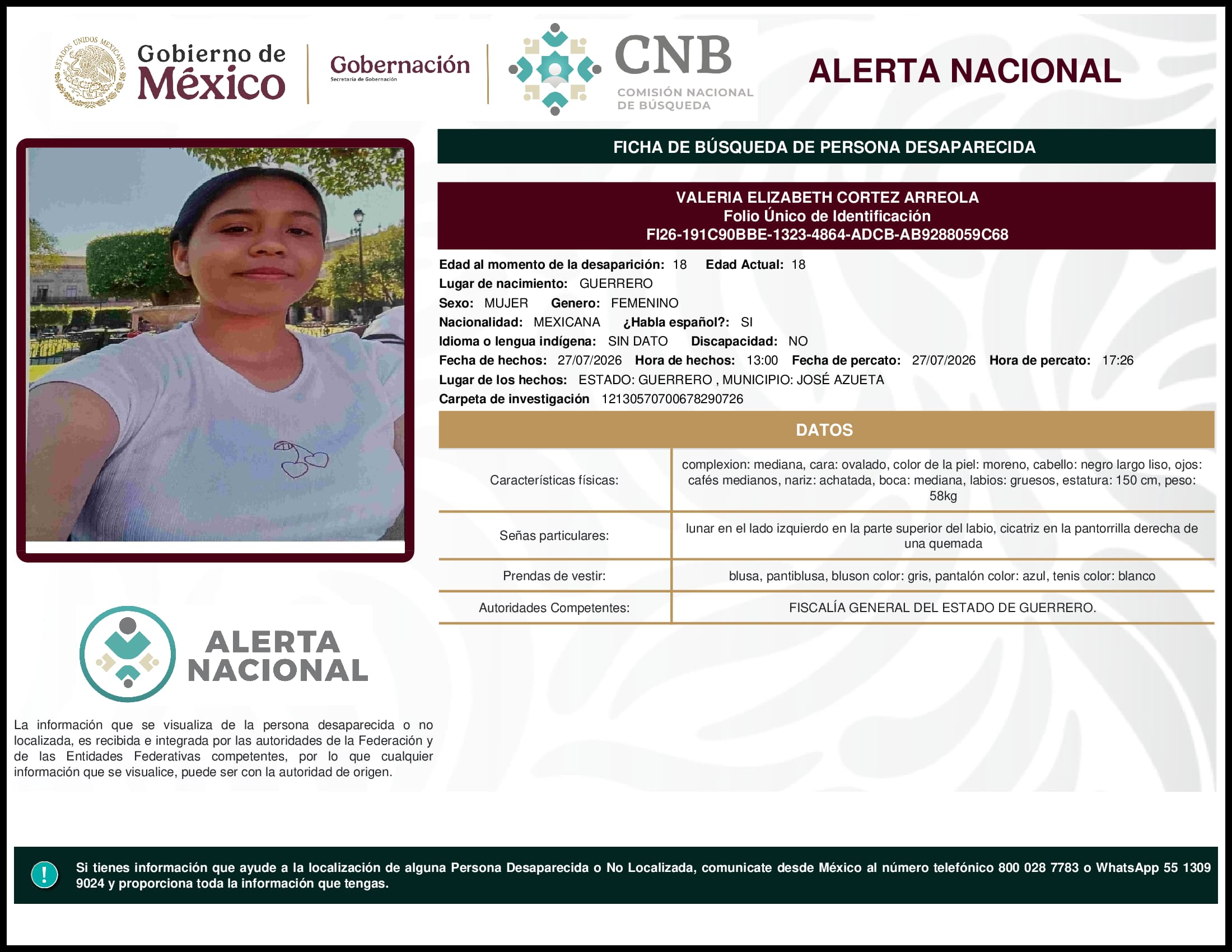 Persona desaparecida Valeria Elizabeth Cortez Arreola