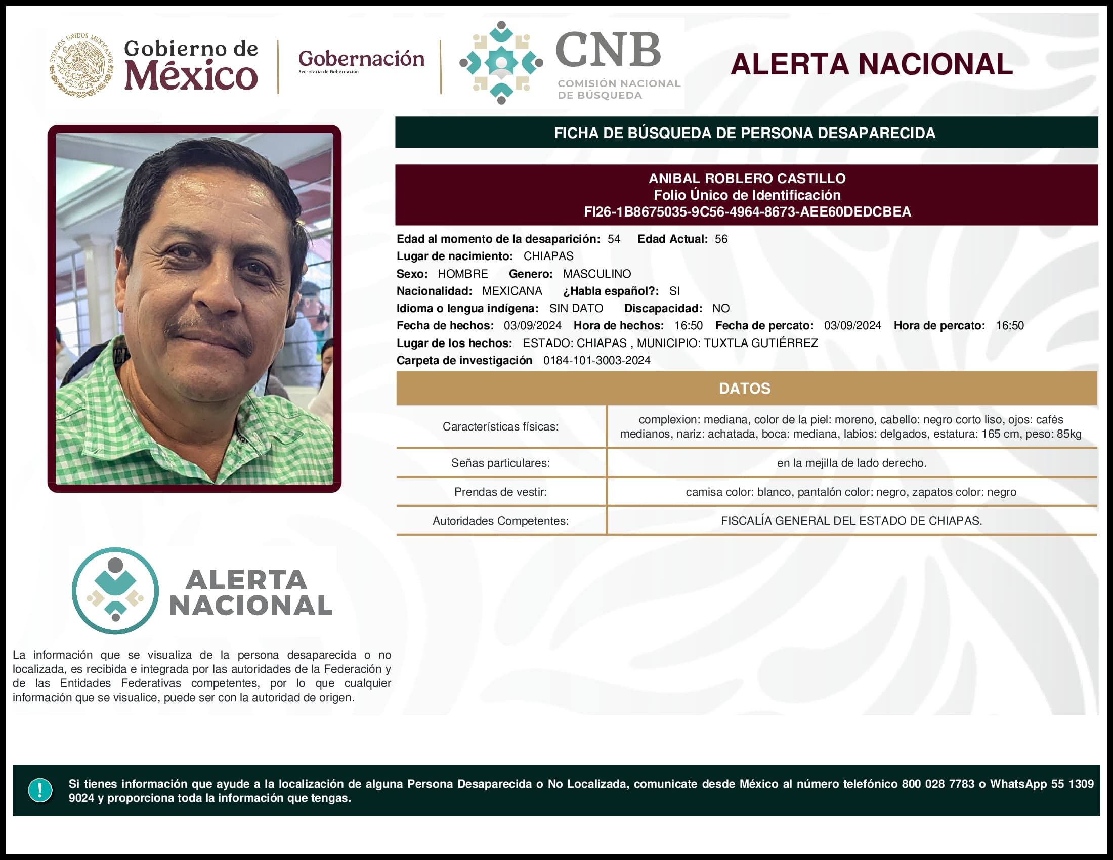 Persona desaparecida Anibal Roblero Castillo