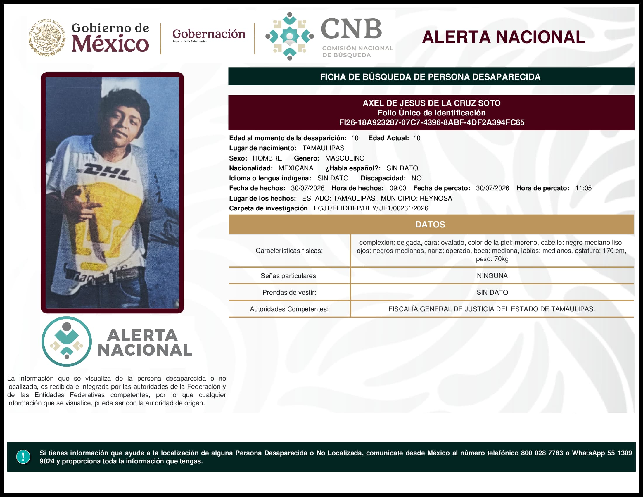 Persona desaparecida Axel De Jesus De La Cruz Soto