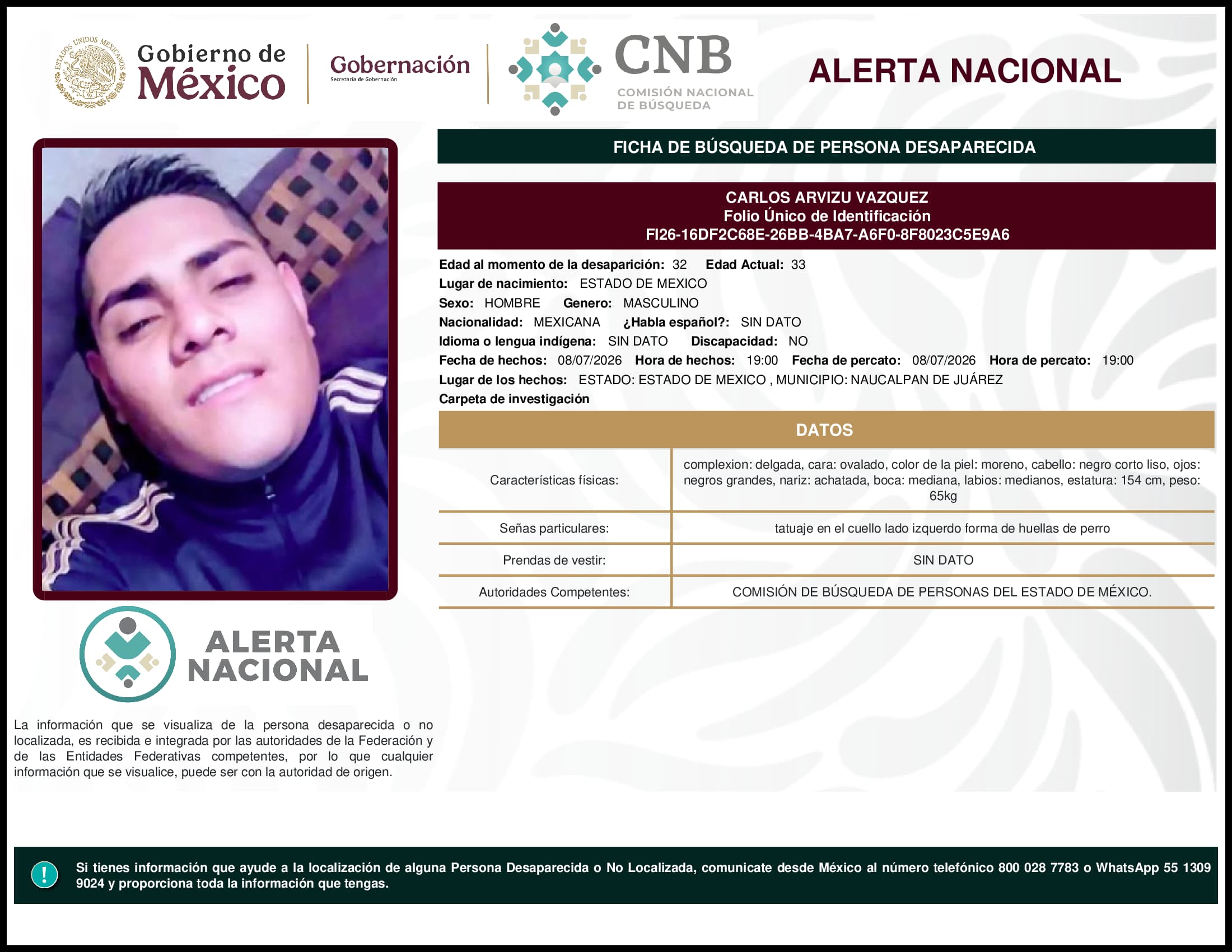 Persona desaparecida Carlos Arvizu Vazquez