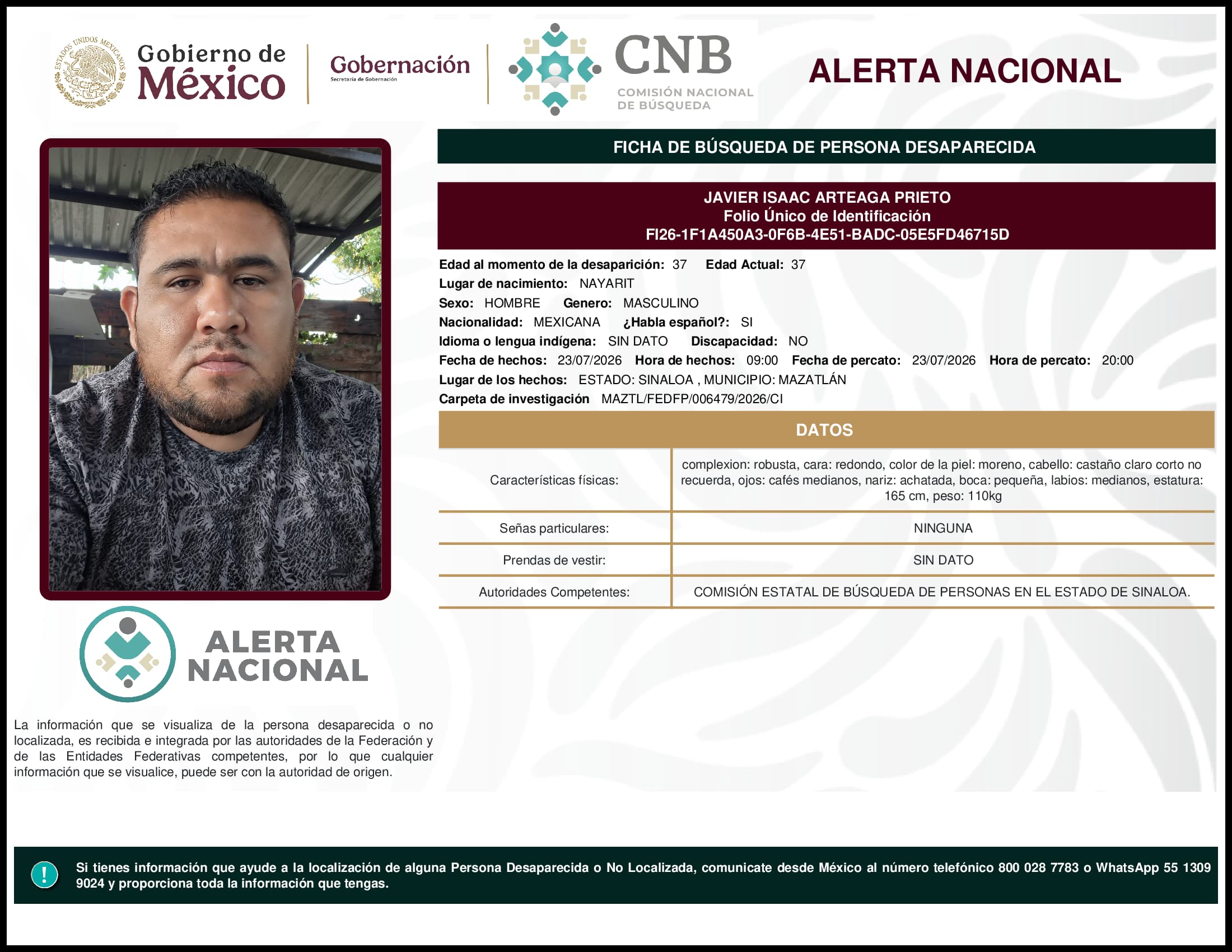 Persona desaparecida Javier Isaac Arteaga Prieto