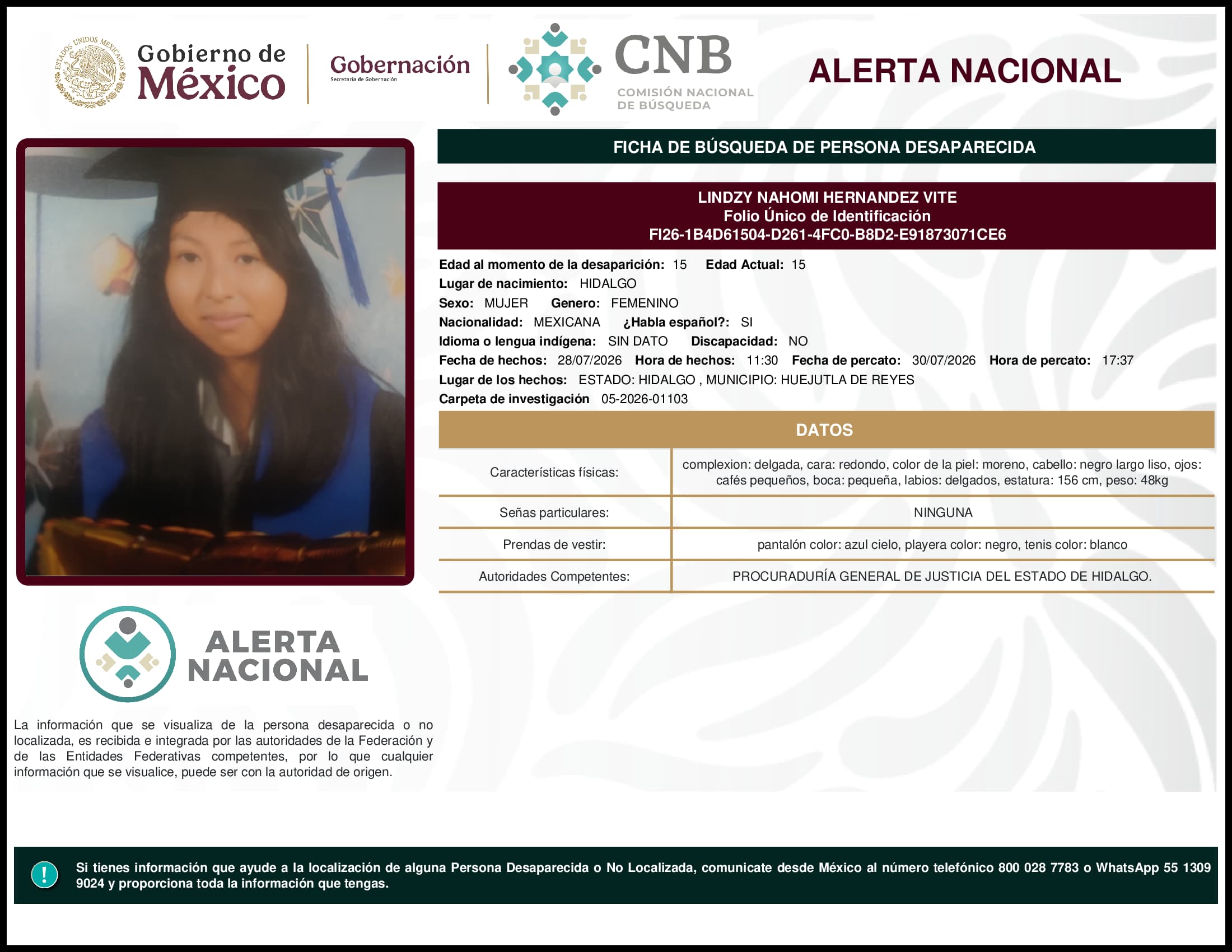 Persona desaparecida Lindzy Nahomi Hernandez Vite