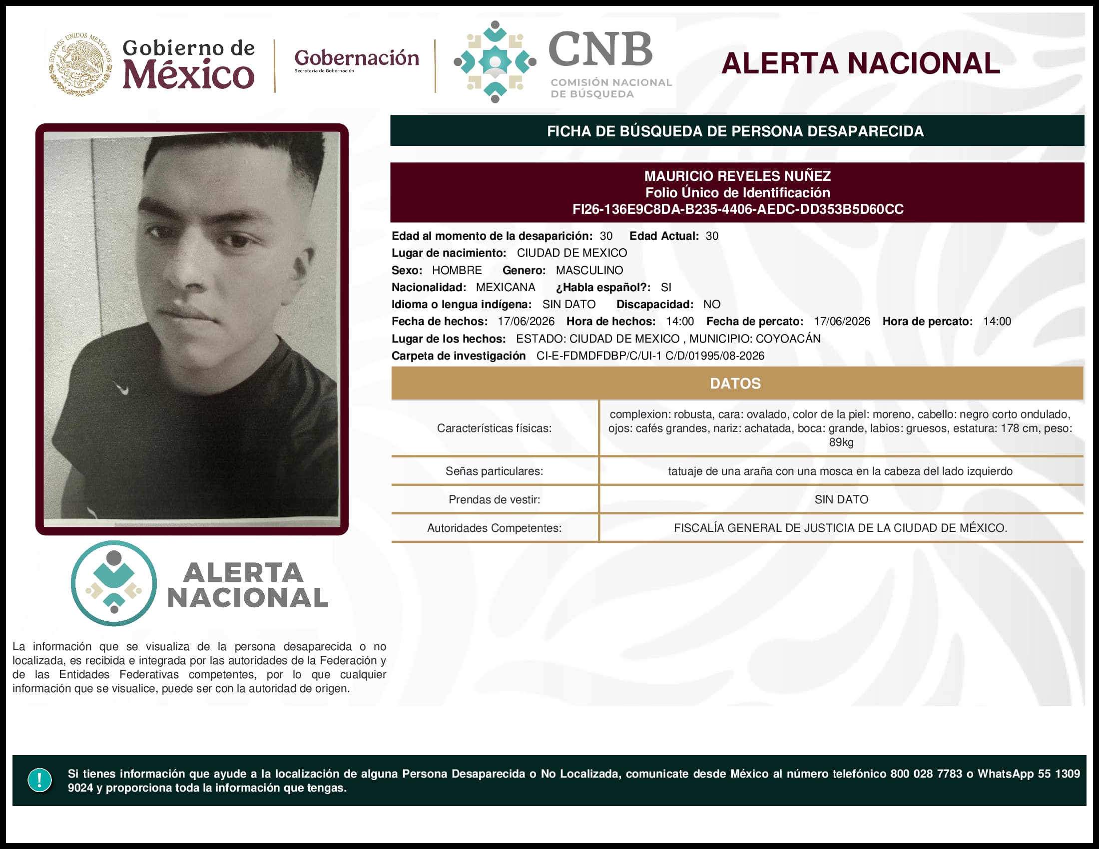 Persona desaparecida Mauricio Reveles Nunez