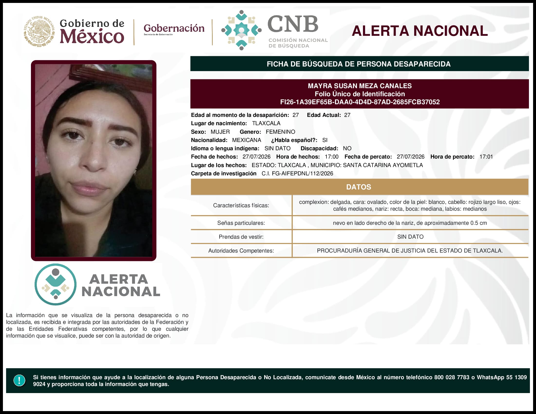 Persona desaparecida Mayra Susan Meza Canales