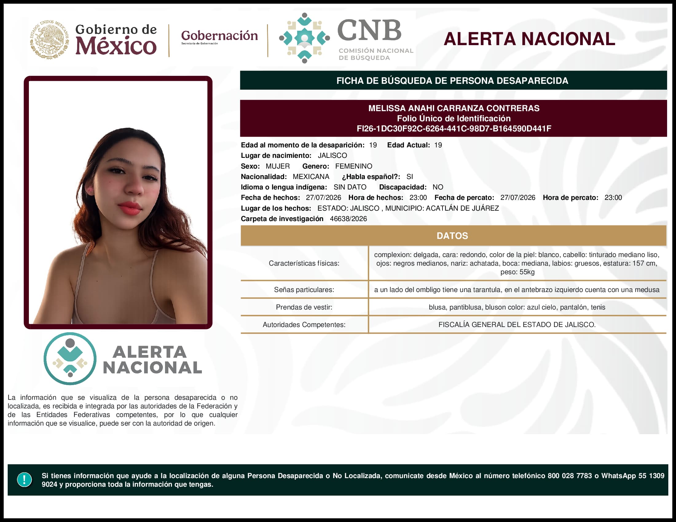 Persona desaparecida Melissa Anahi Carranza Contreras