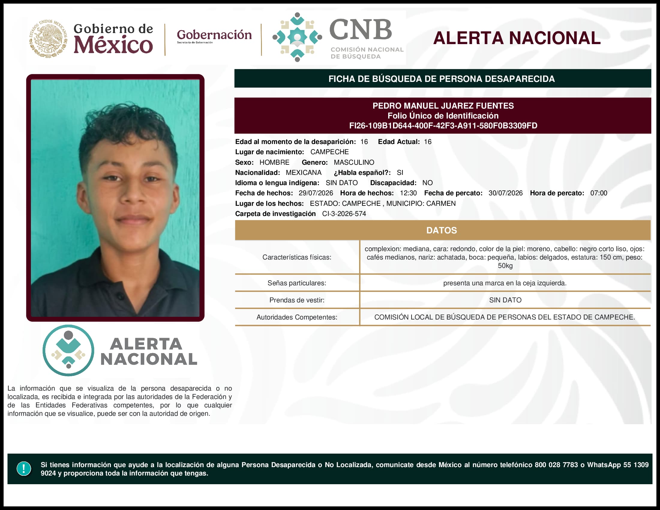 Persona desaparecida Pedro Manuel Juarez Fuentes