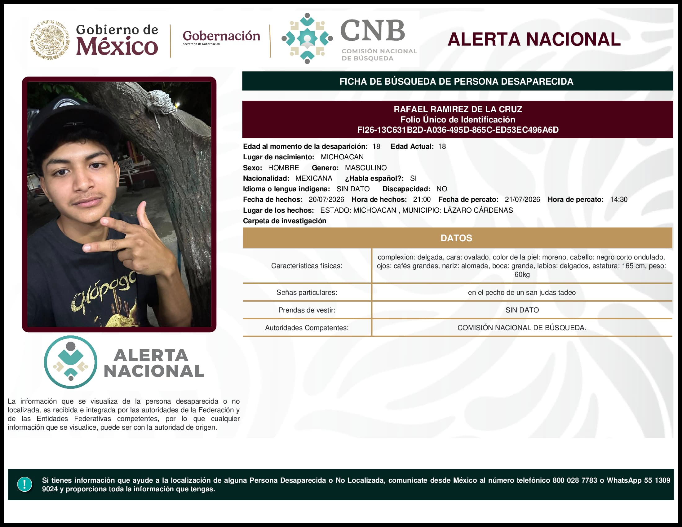 Persona desaparecida Rafael Ramirez De La Cruz