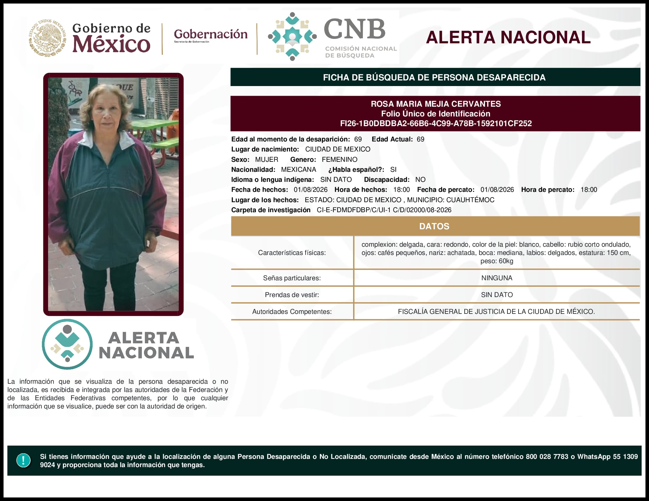 Persona desaparecida Rosa Maria Mejia Cervantes