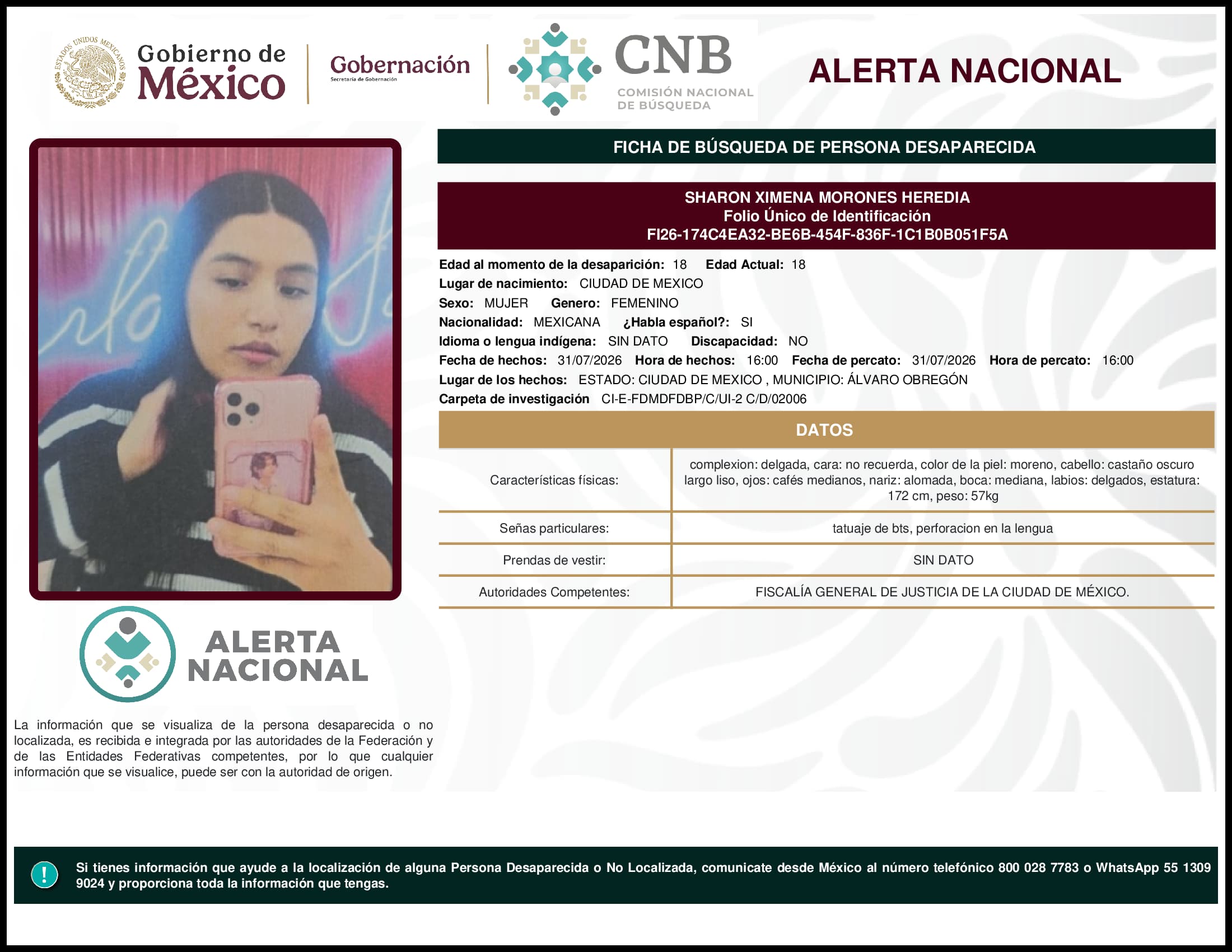Persona desaparecida Sharon Ximena Morones Heredia