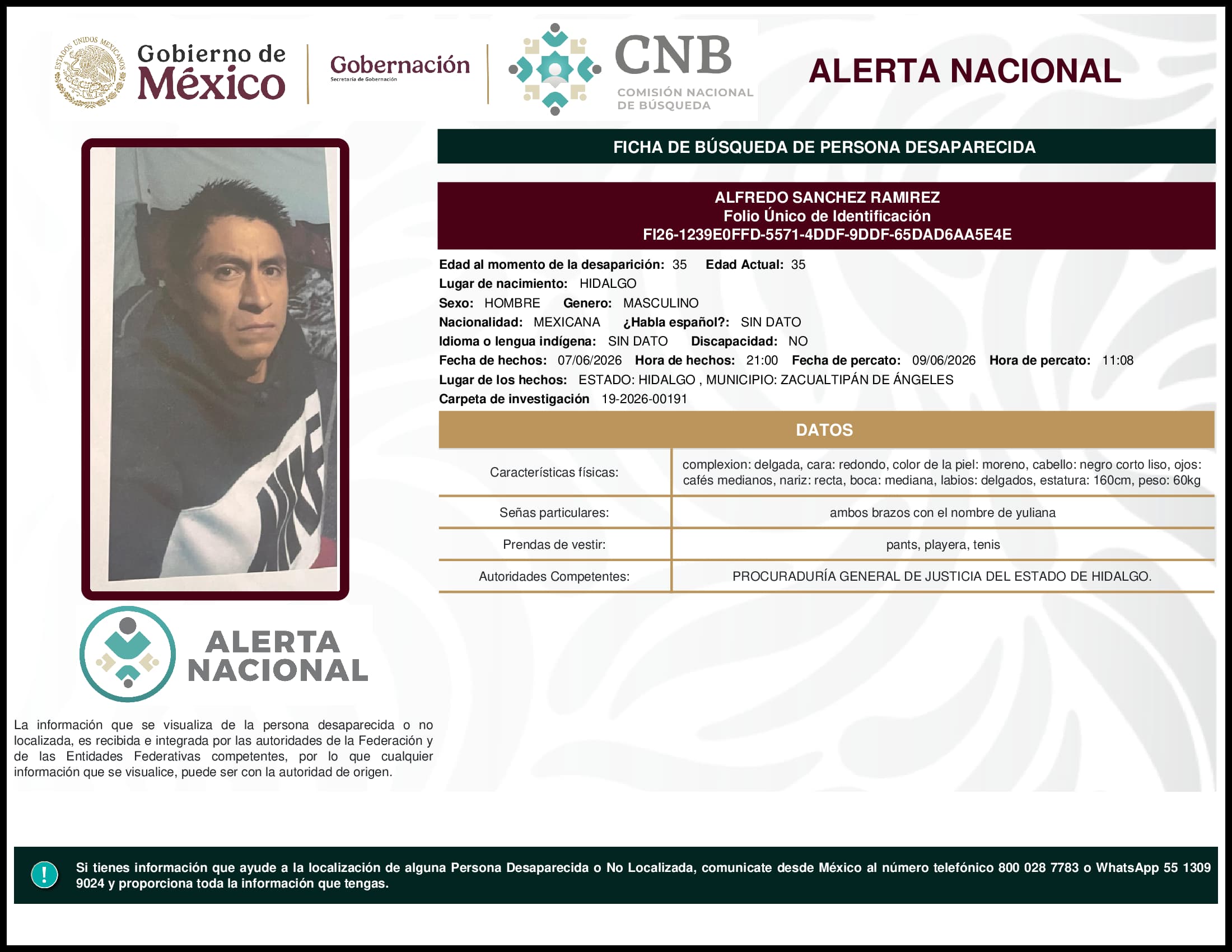 Persona desaparecida Alfredo Sanchez Ramirez