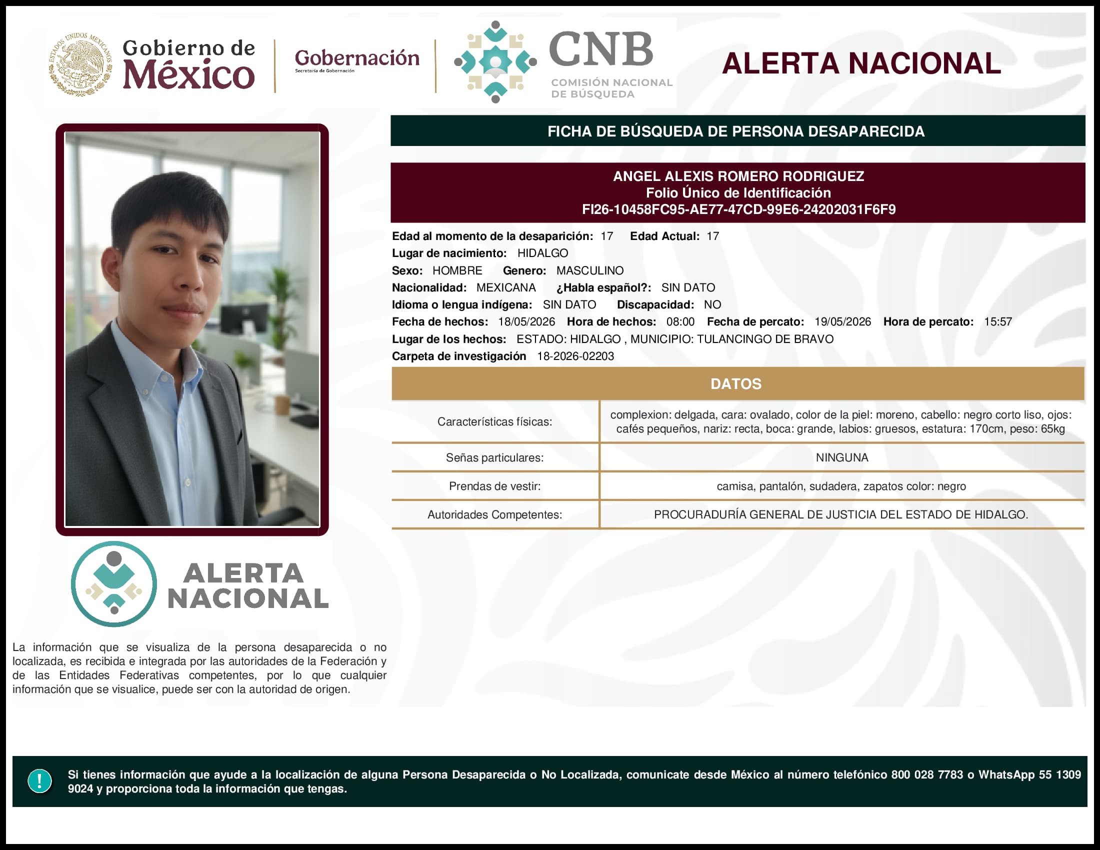 Persona desaparecida Angel Alexis Romero Rodriguez