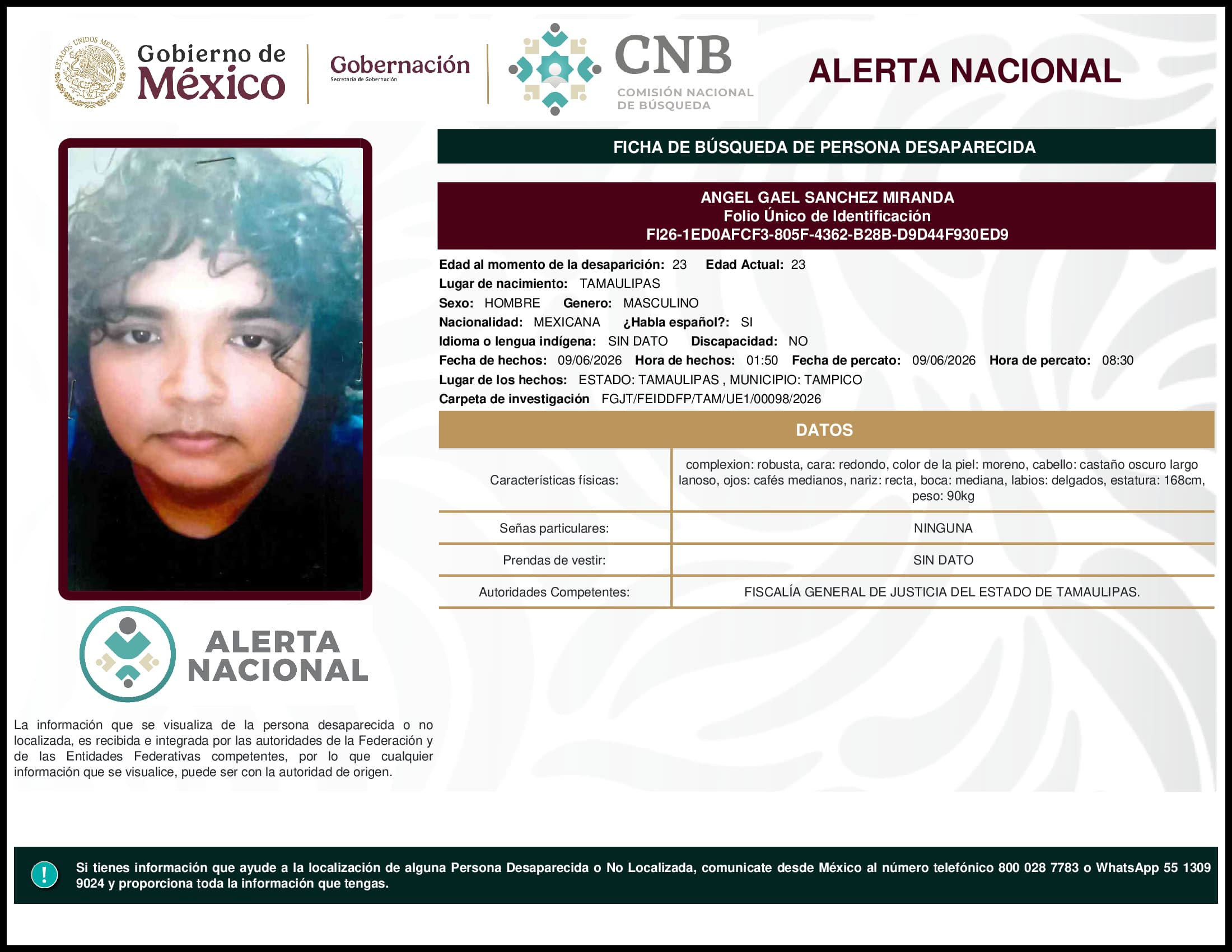 Persona desaparecida Angel Gael Sanchez Miranda