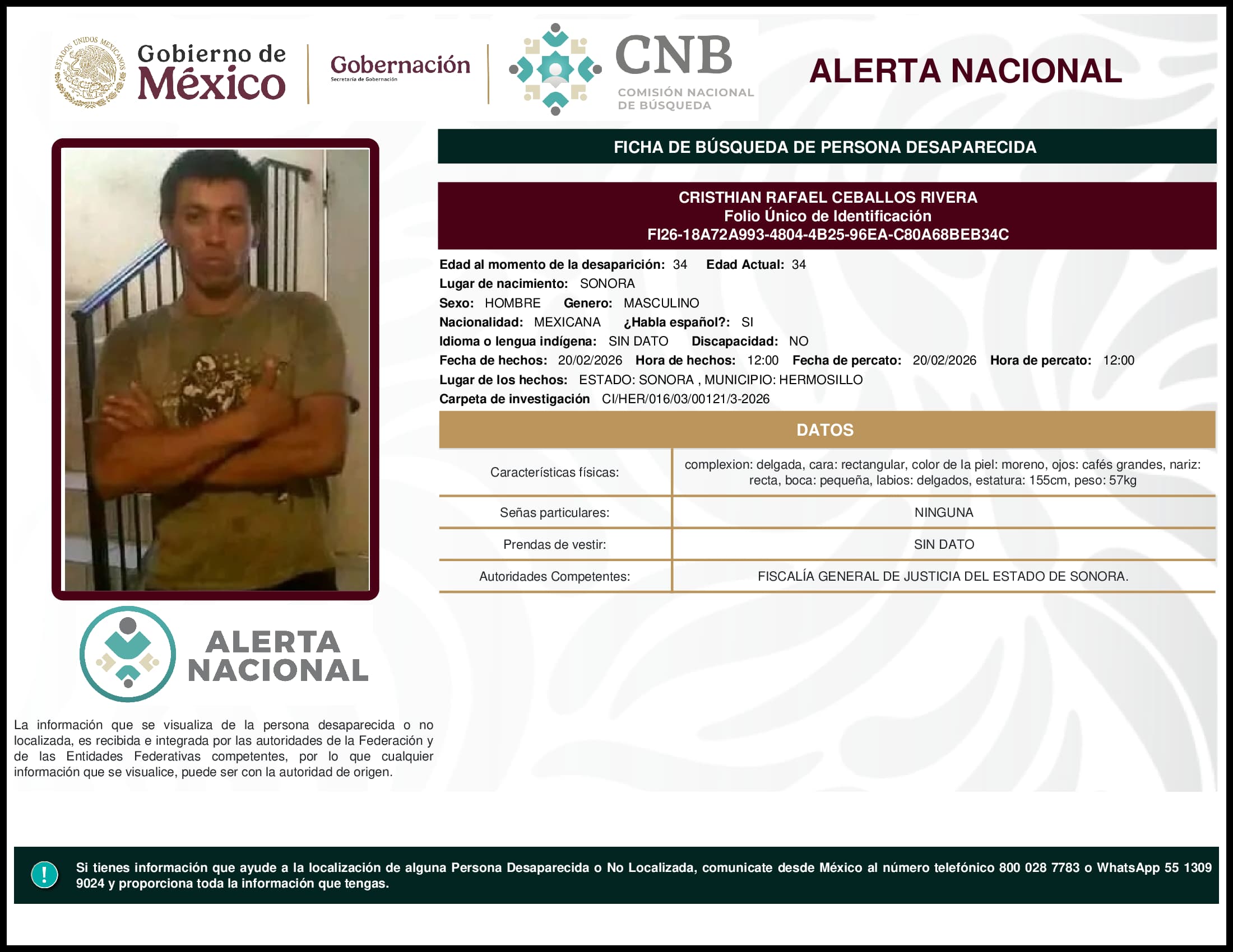 Persona desaparecida Cristhian Rafael Ceballos Rivera